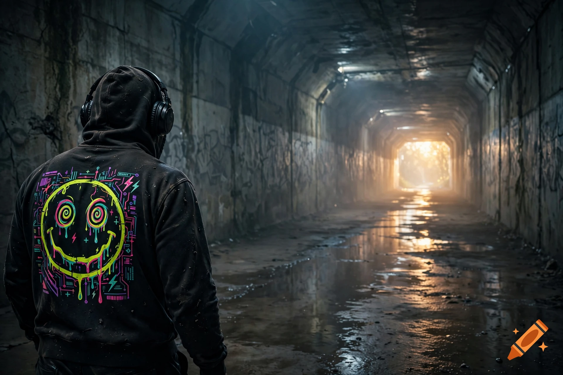 Photorealistic back view of a person in a black hoodie with a vibrant glowing acid techno smiley face graphic, standing in a dark concrete tunnel with a bright light at the end.