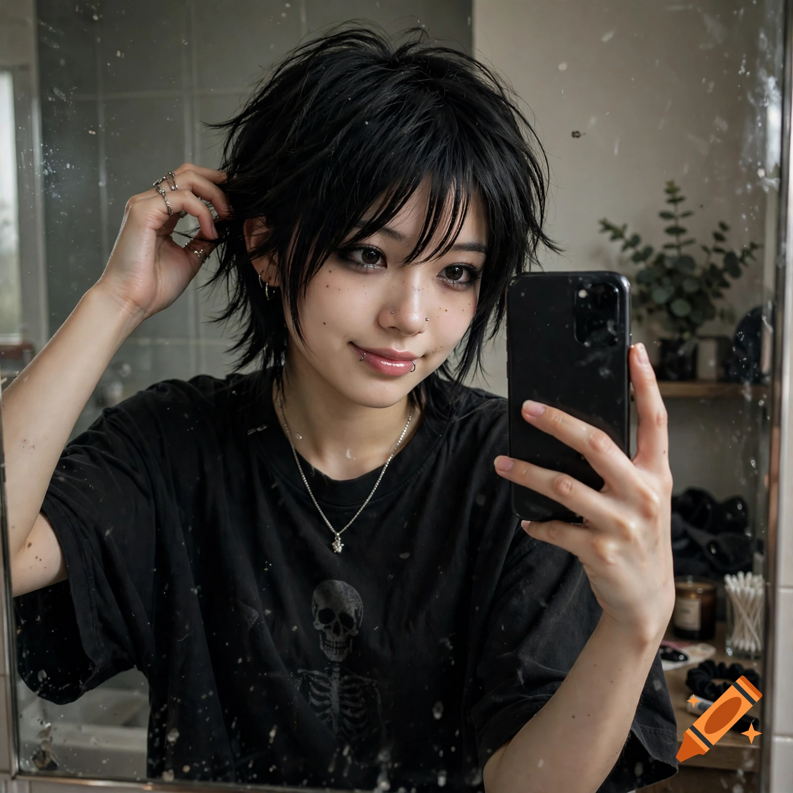 A young person with short black hair and facial piercings taking a mirror selfie in a bathroom, wearing a black graphic t-shirt.