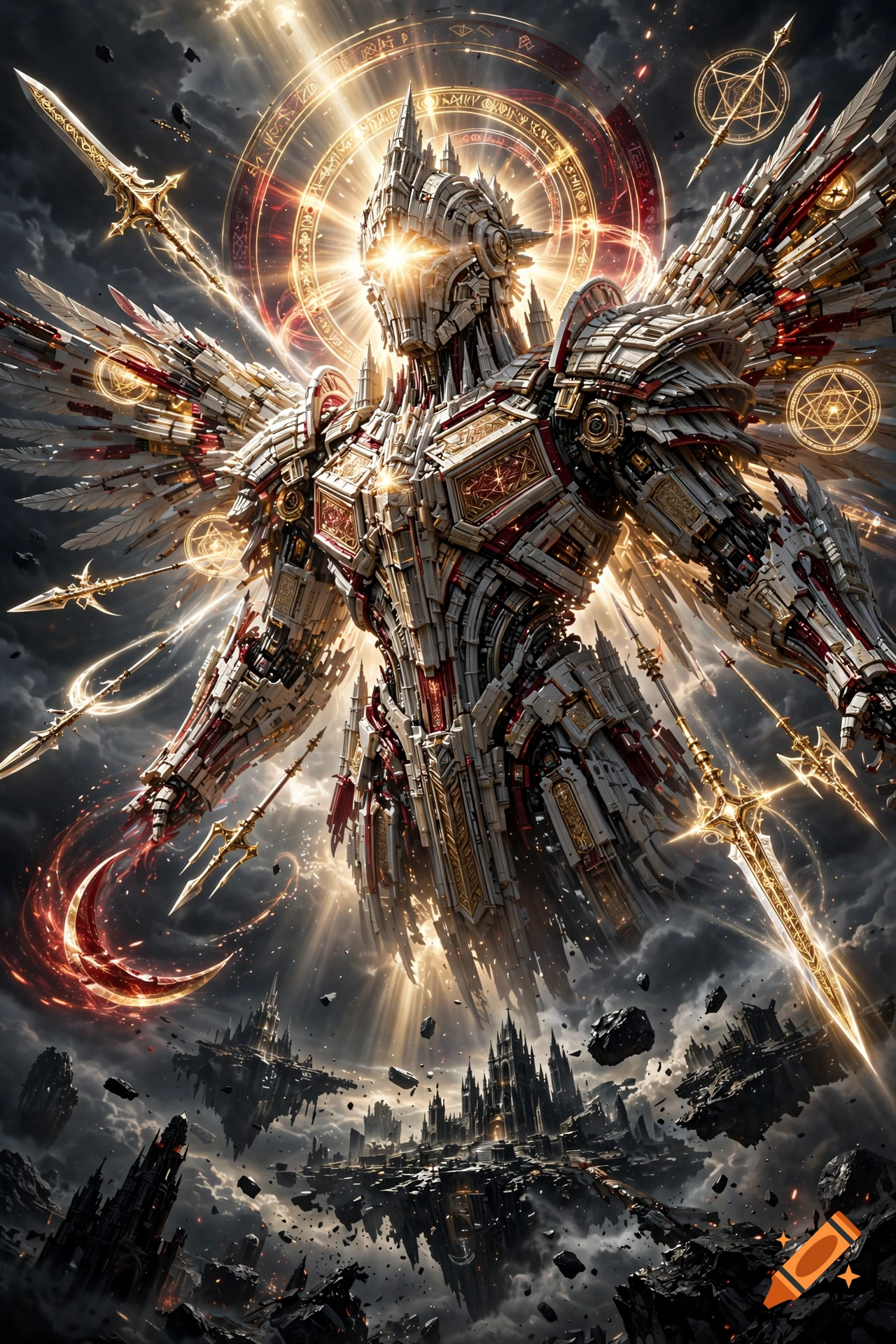 A gigantic divine warrior in intricate armor with floating weapons and glowing wings against a dramatic stormy sky with floating castles.