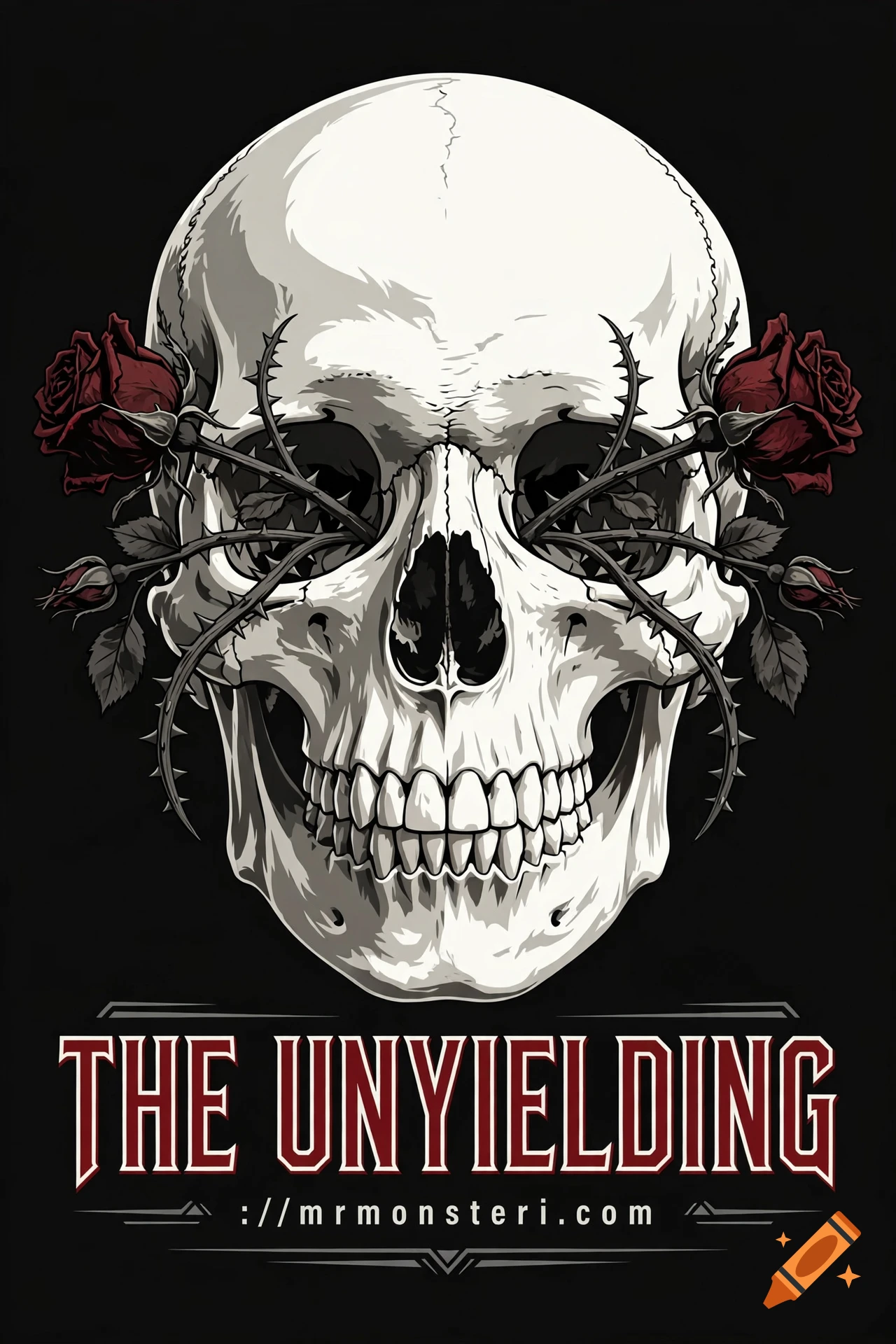 Hard rock vector art of a human skull with dark roses and thorns through the eye sockets, with text reading THE UNYIELDING.