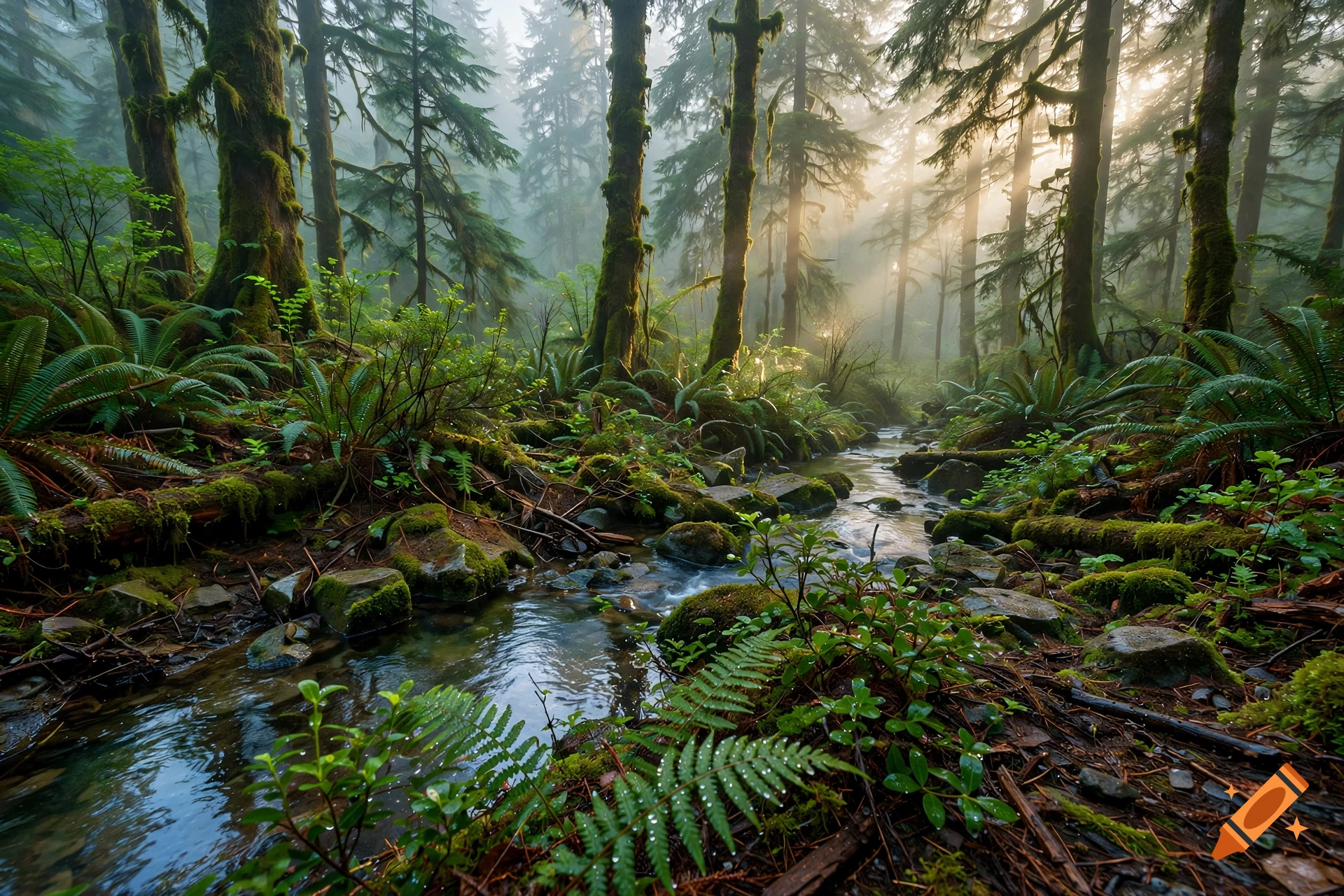 Photorealistic morning in a Pacific Northwest forest with a stream, mossy trees, and sunlight filtering through fog.