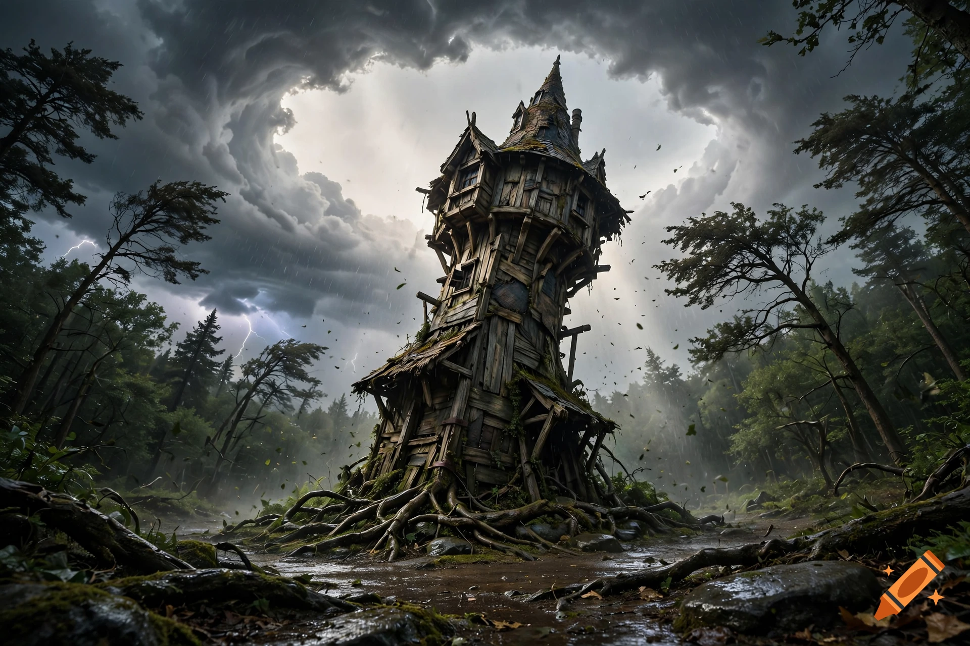 A rickety, wooden wizard tower with exposed roots in a forest clearing, set beneath the eye of a stormy, dramatic sky.