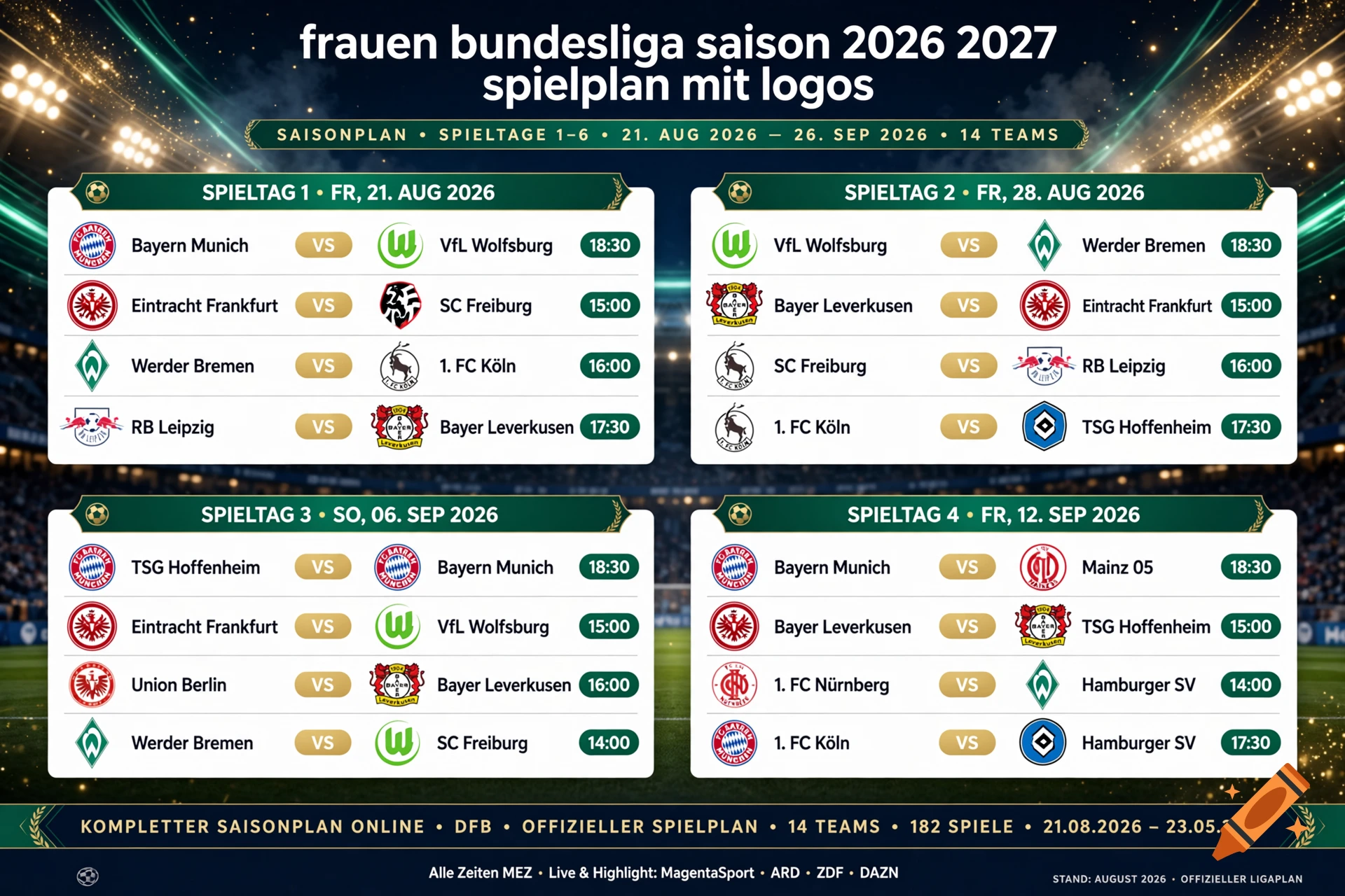 Frauen Bundesliga schedule for the 2026-2027 season with team logos and match times.