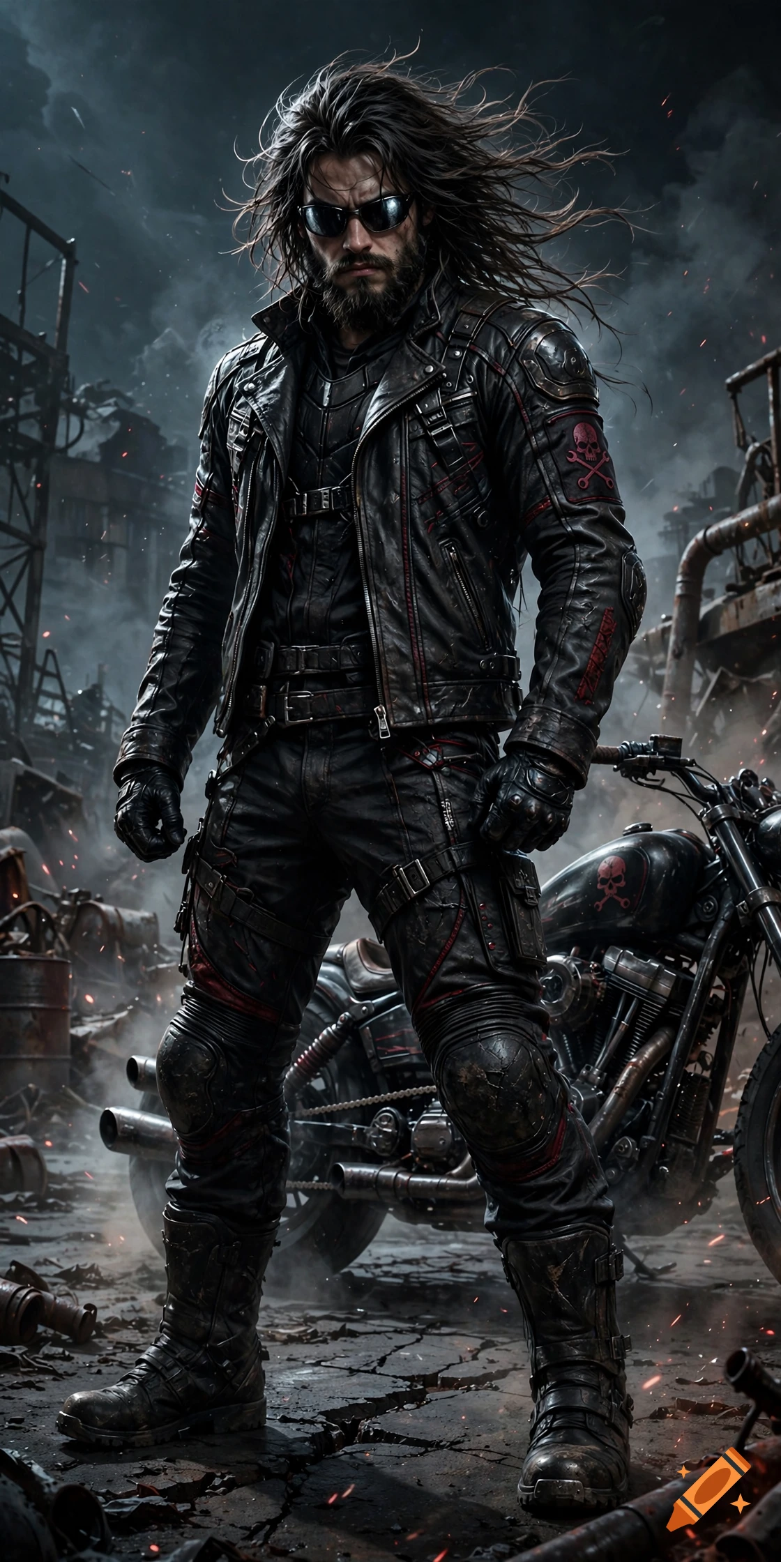 Photorealistic full-body portrait of a rugged man with long hair, beard, sunglasses, and leather jacket, standing near a motorcycle in a wasteland.