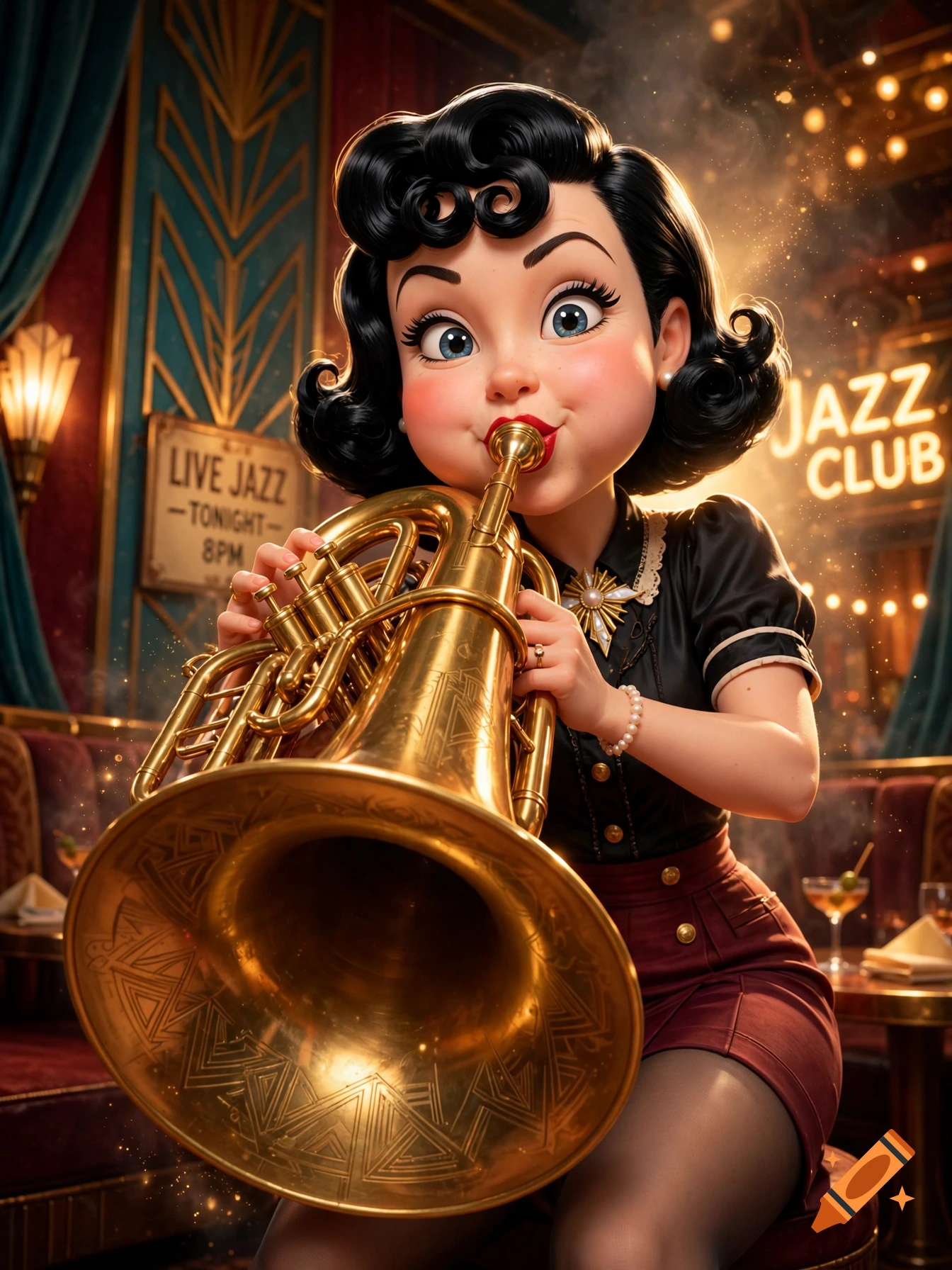 3D cartoon illustration of a vintage woman with black bob hair playing a large golden tuba in a jazz club.