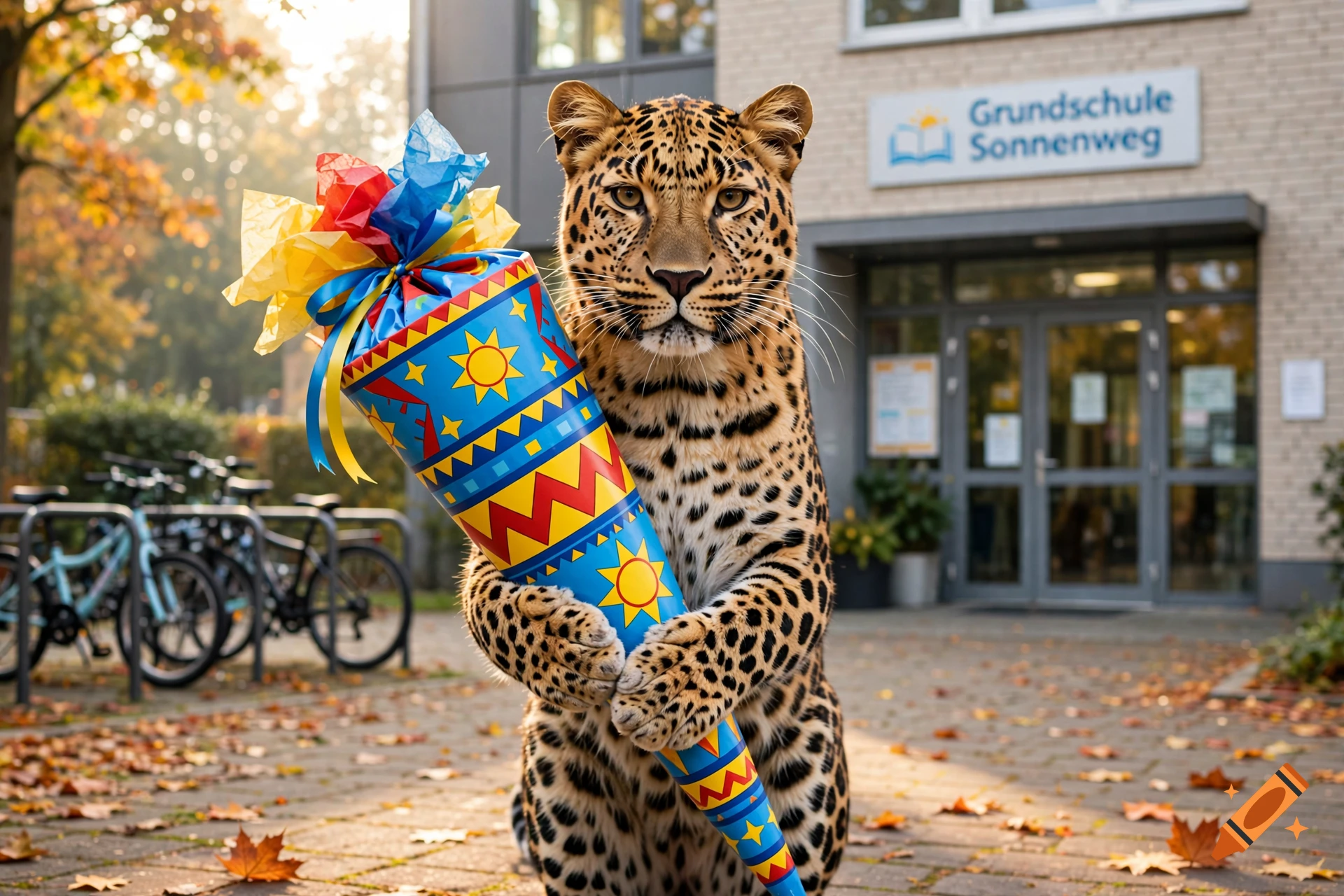 Photorealistic leopard holding a colorful German school cone (Schultüte) in front of a school building.