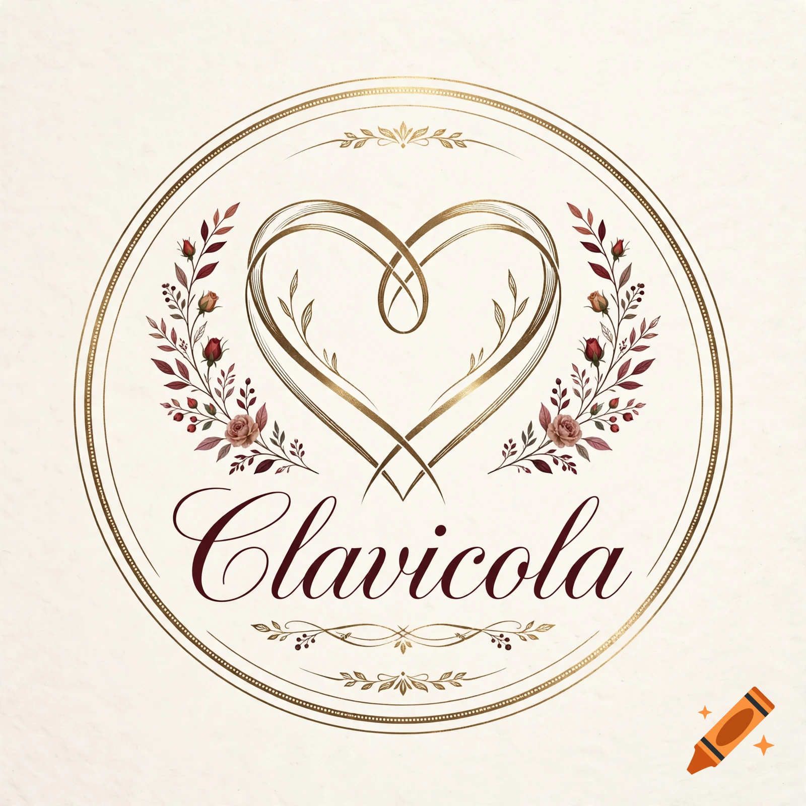 Round logo design featuring a heart, floral wreaths, and the text Clavicola in a classic font on a cream background.