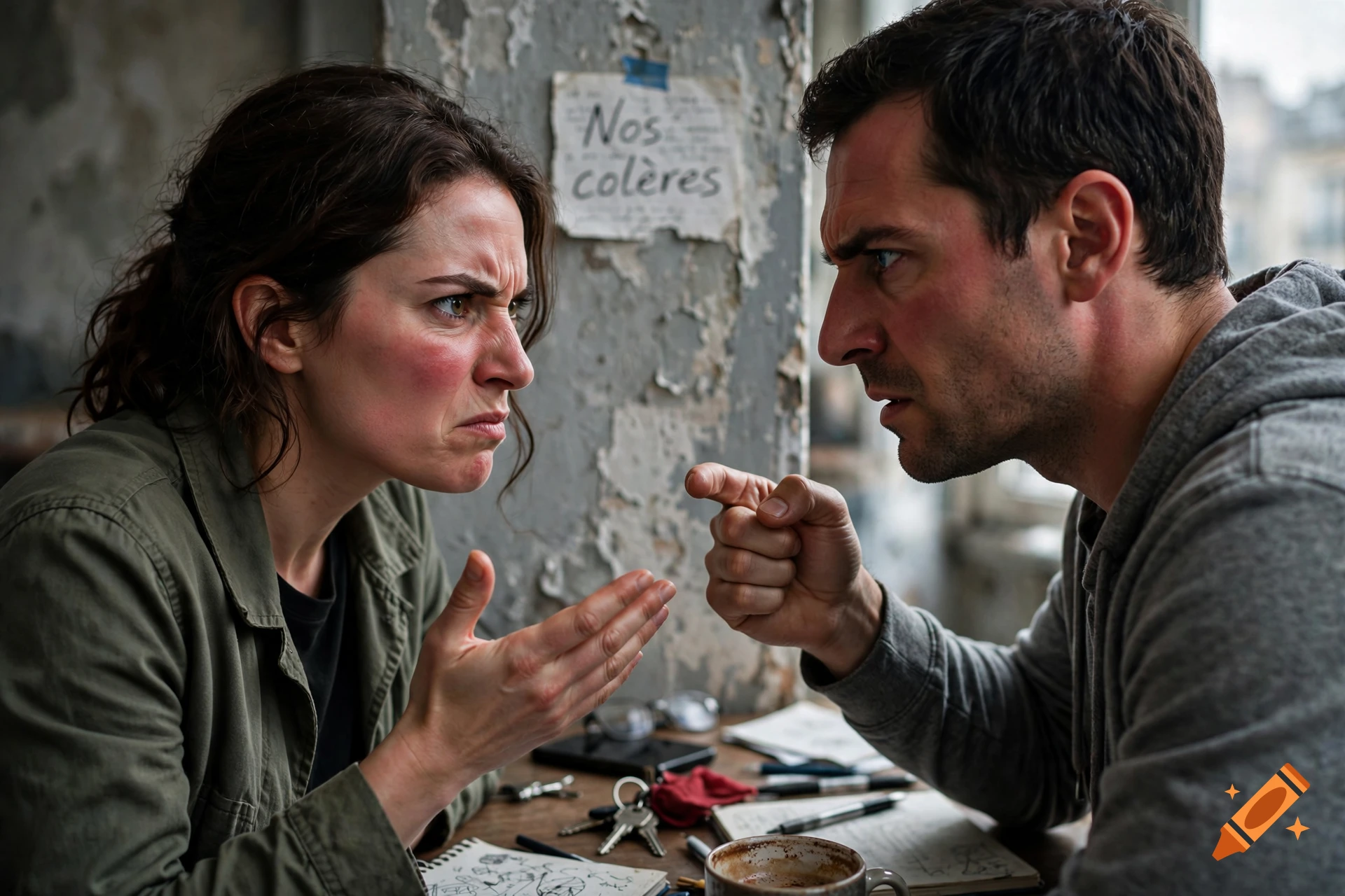 Photorealistic image of a man and a woman in an intense argument, gesturing angrily at each other in a weathered room.