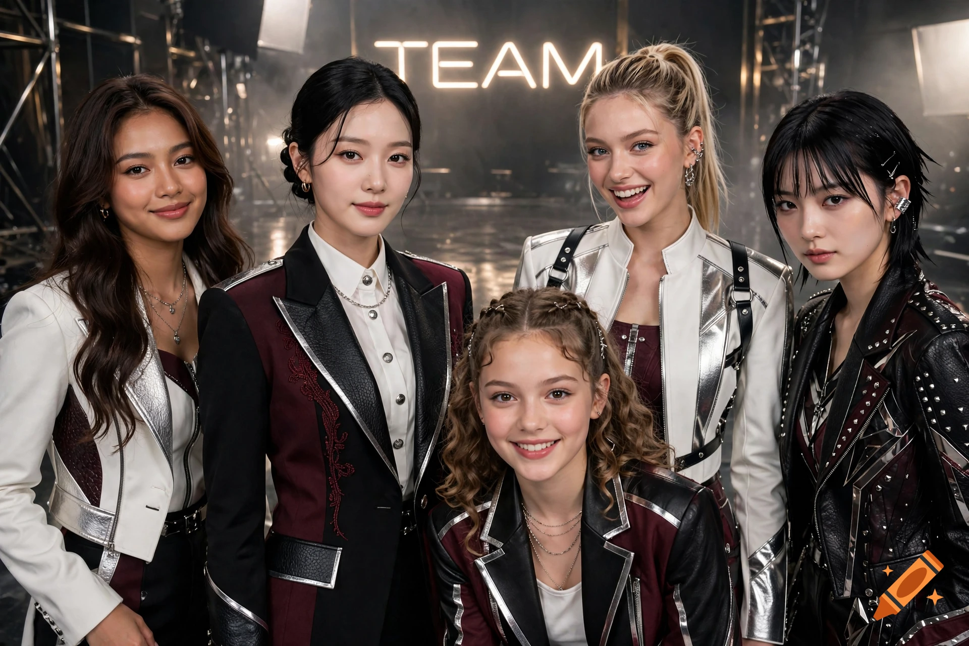 Photorealistic group portrait of five young female kpop idols in stylish black and white stage outfits with a glowing neon TEAM sign in the background.