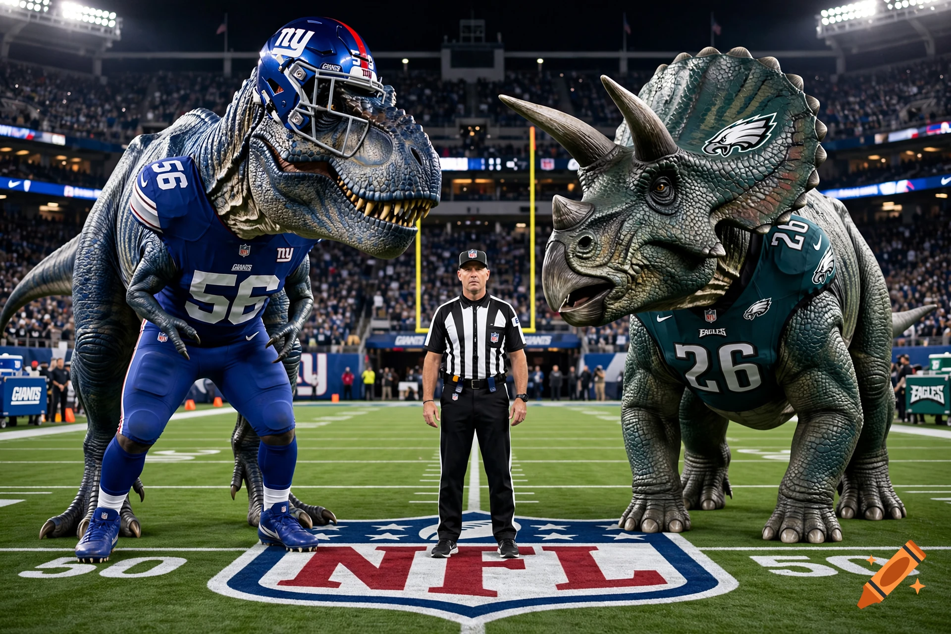 Photorealistic image of two dinosaurs in football uniforms facing each other with an NFL referee standing between them on a field.