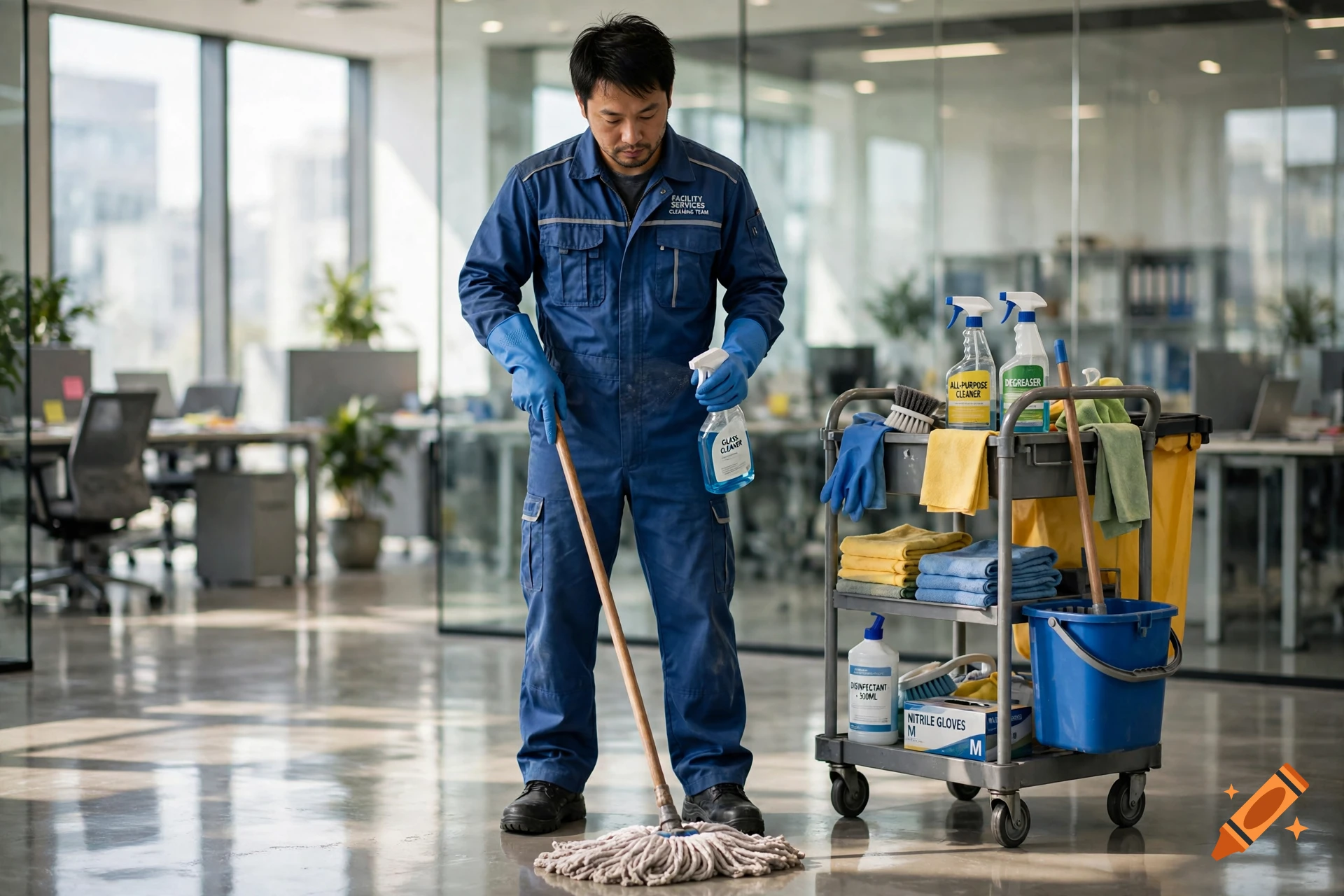Photorealistic image of a male janitor in a blue uniform mopping a polished office floor next to a cleaning cart.