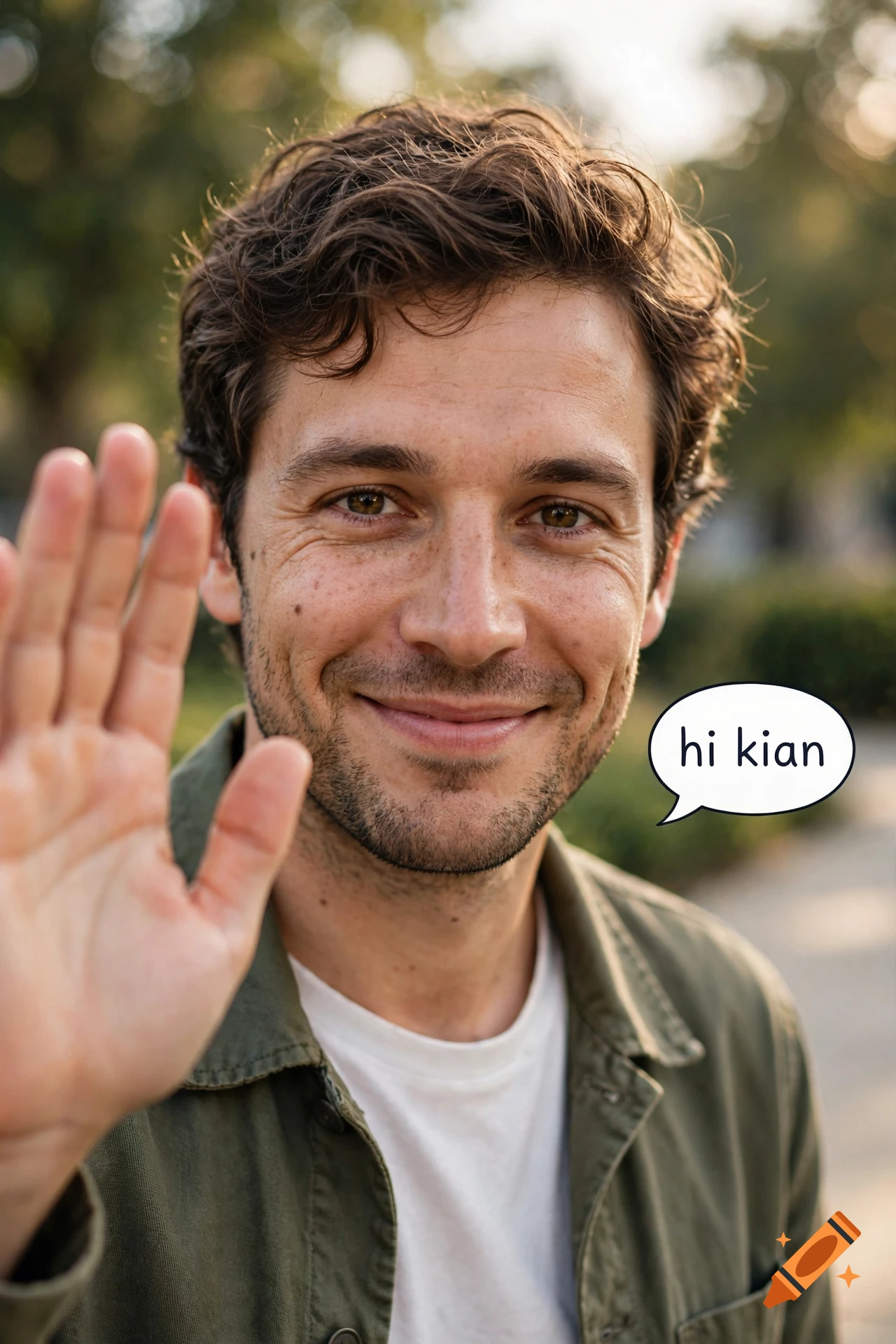 Close-up photorealistic portrait of a smiling man with a beard waving his hand, with a speech bubble saying "hi kian".