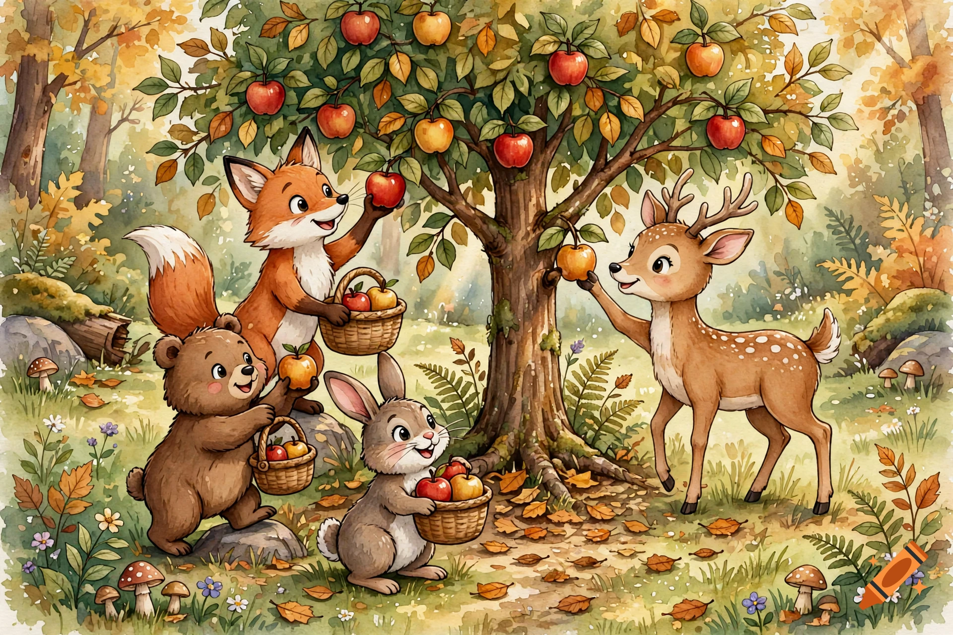 Watercolor children's illustration of forest animals including a fox, deer, bear, and rabbit picking apples from a tree.