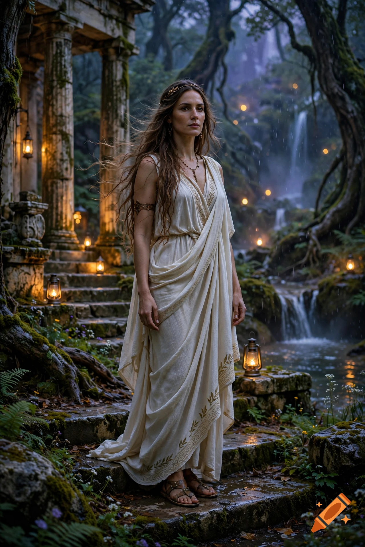 Photorealistic image of a Greek goddess in a white chiton standing on mossy stone steps in a twilight forest with waterfalls and glowing lamps.