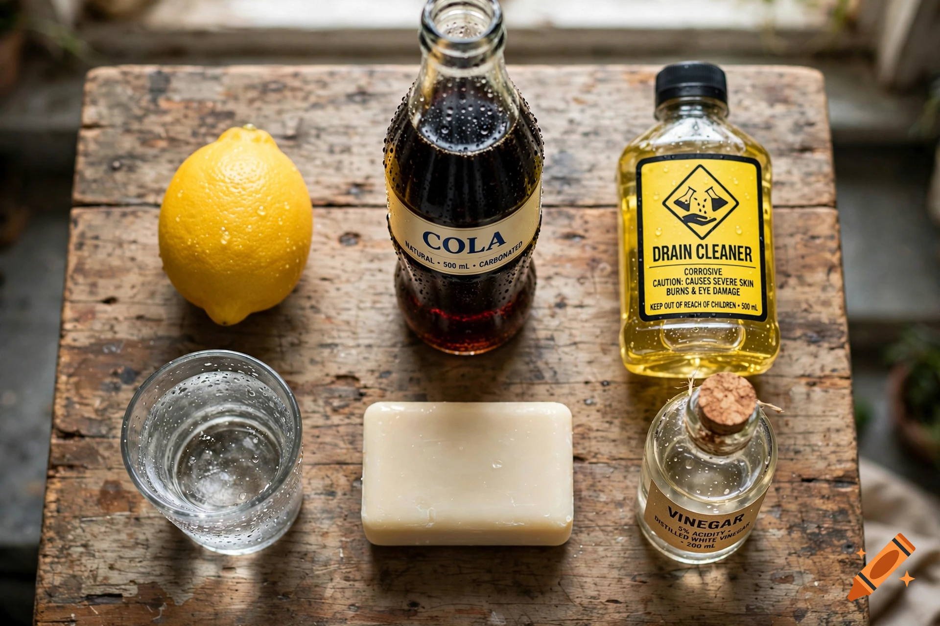 Photorealistic flat lay of a lemon, a bottle of cola, a bottle of drain cleaner, a glass of water, a bar of soap, and a bottle of vinegar on a rustic wooden table.
