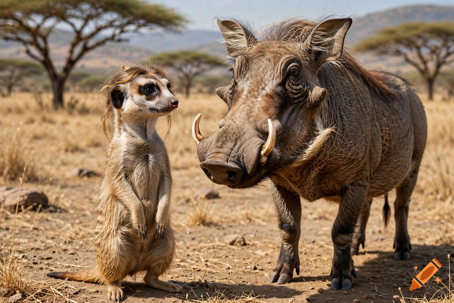 A photorealistic depiction of a meerkat standing next to a warthog in an African savanna setting.