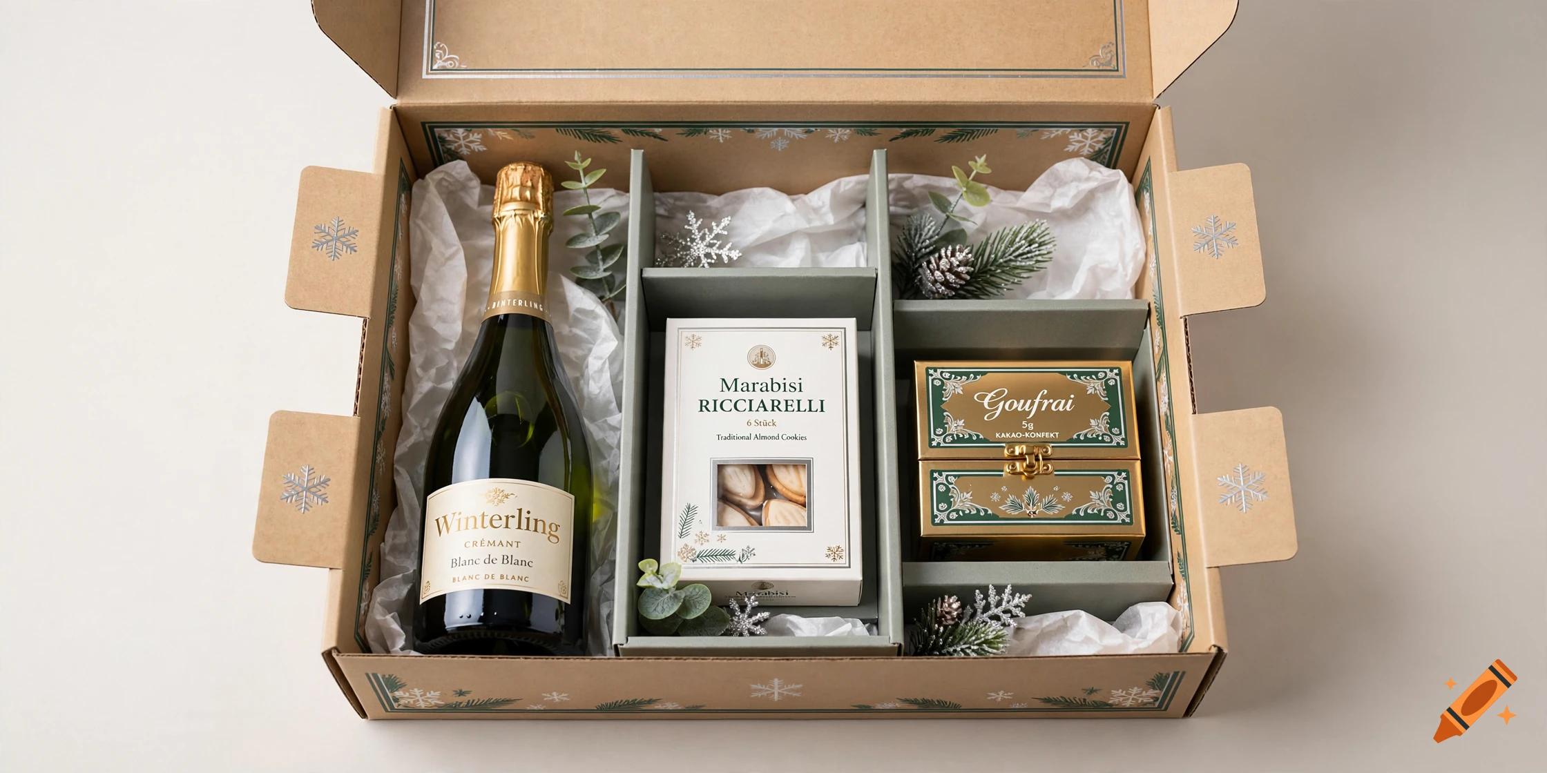 An open gift box containing a bottle of Winterling Cremant, Marabisi Ricciarelli cookies, and Goufrai chocolate, decorated with pine sprigs.