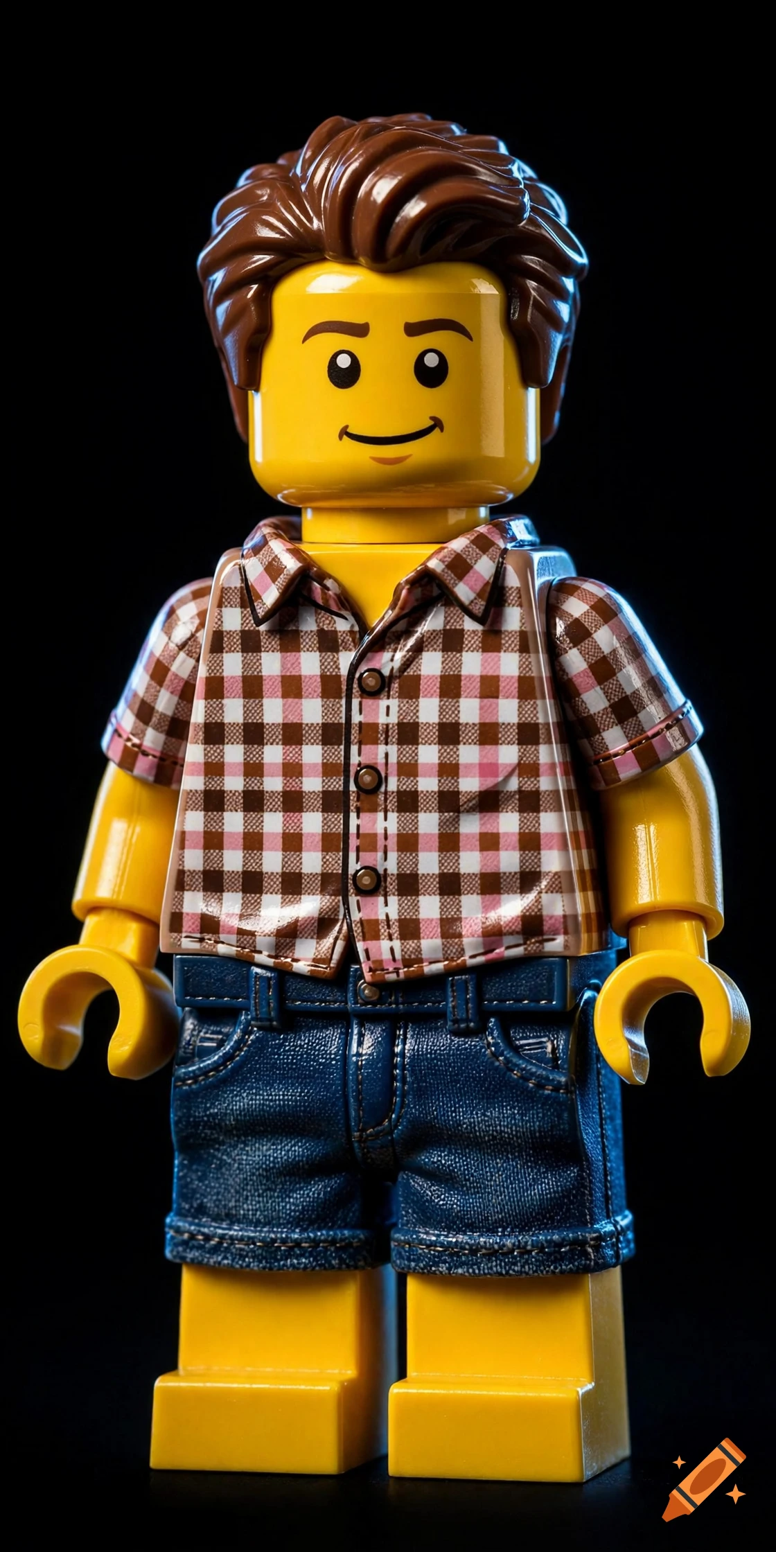 Close-up of a Lego minifigure man with brown hair, a pink and brown checkered shirt, and denim shorts against a black background.