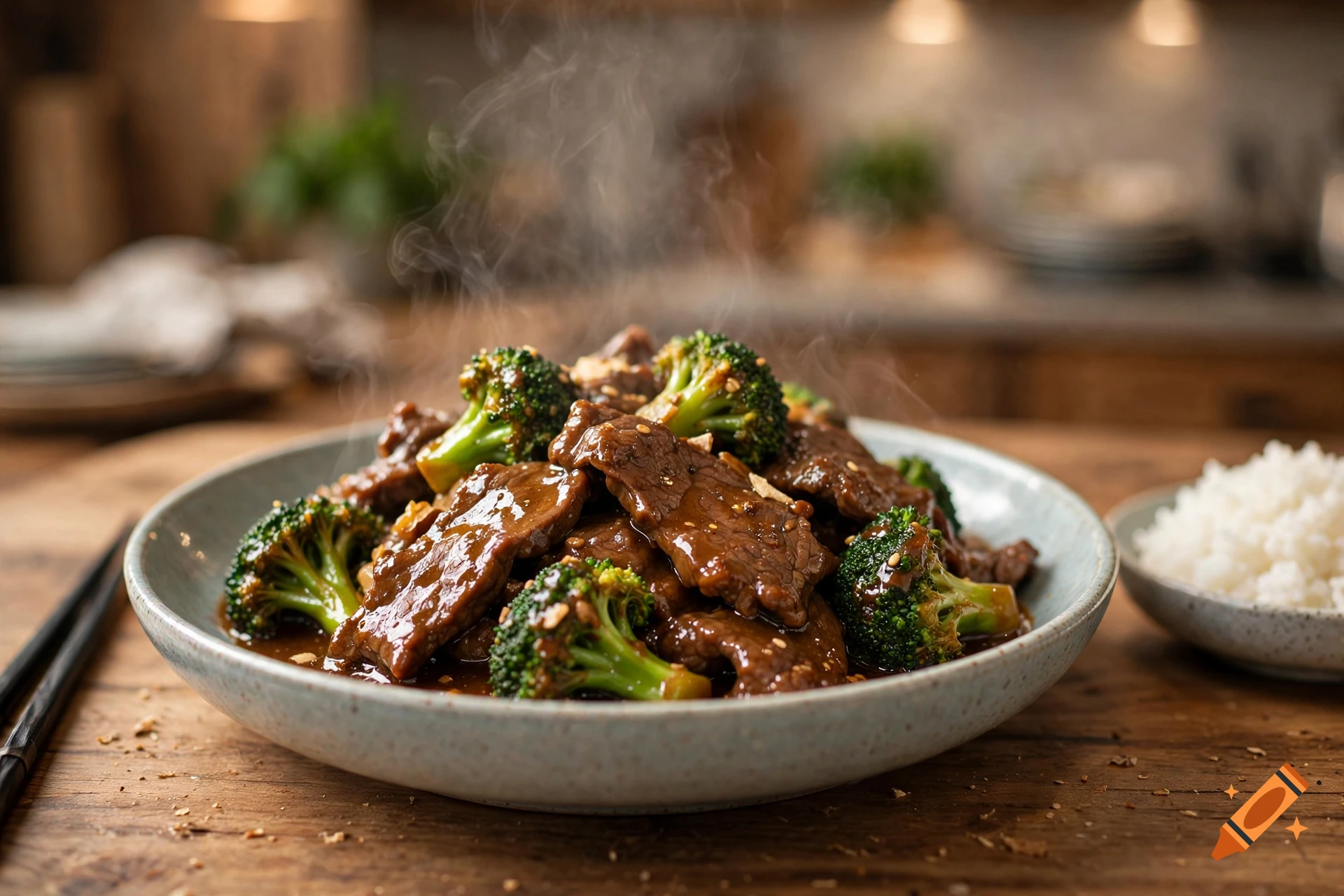 Steam rises from a ceramic bowl of beef and broccoli in a rustic kitchen setting, accompanied by a side of white rice.