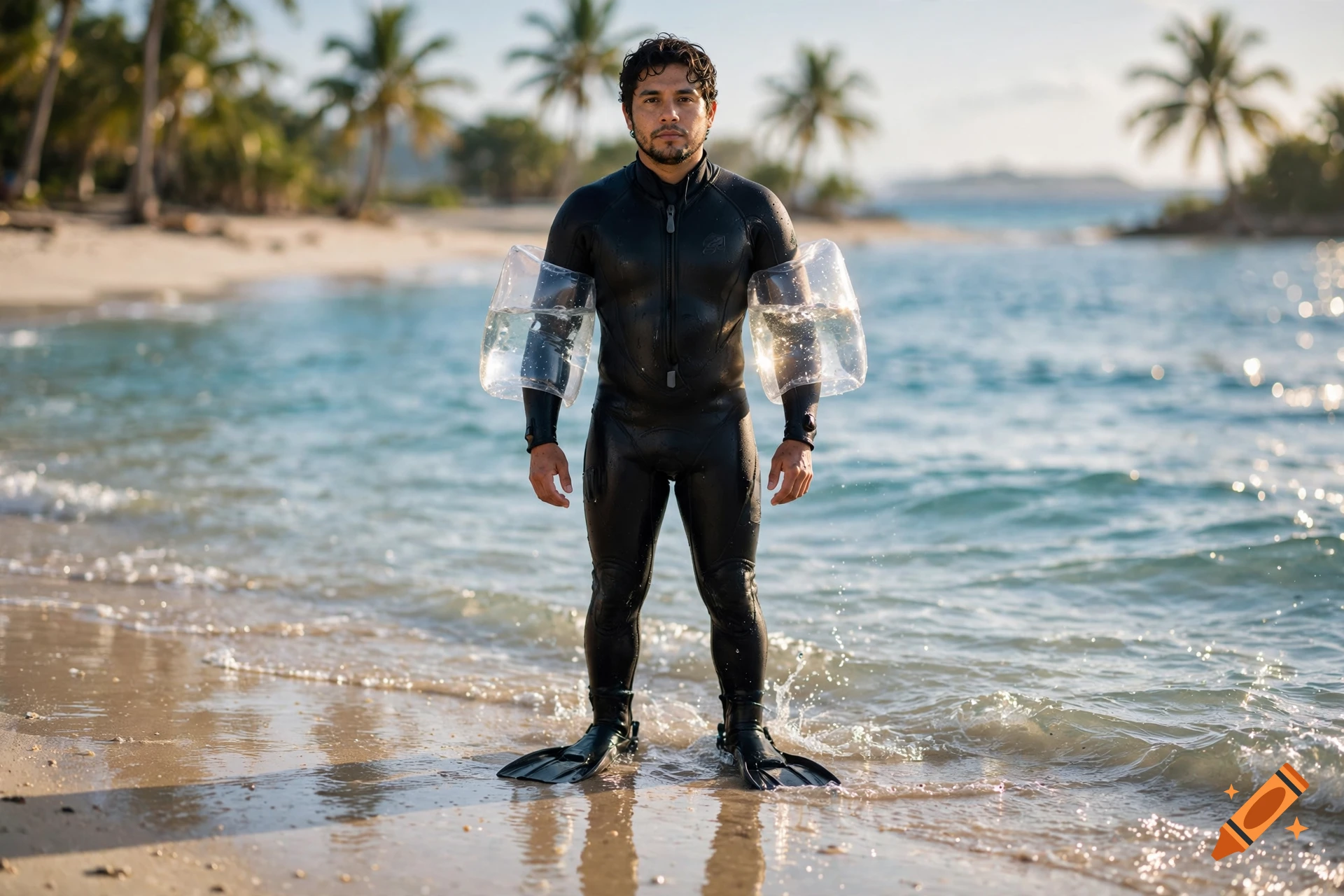 Photorealistic image of a Latino diver in a black wetsuit with water-filled arm floaties and flippers standing on a tropical beach.