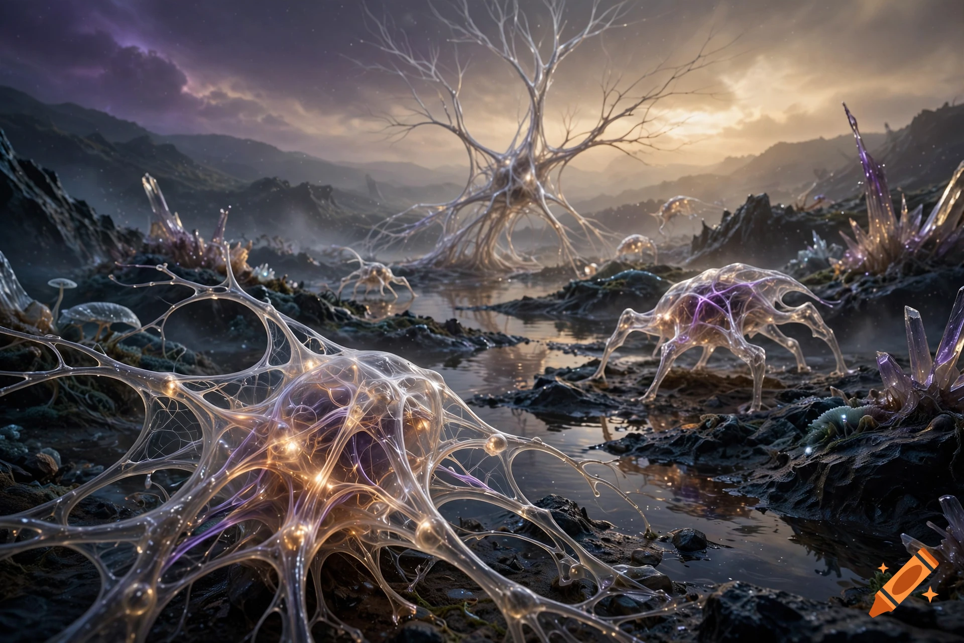 Surreal sci-fi landscape with neuron-like translucent creatures in a watery terrain and a skeletal tree under a cloudy sky.