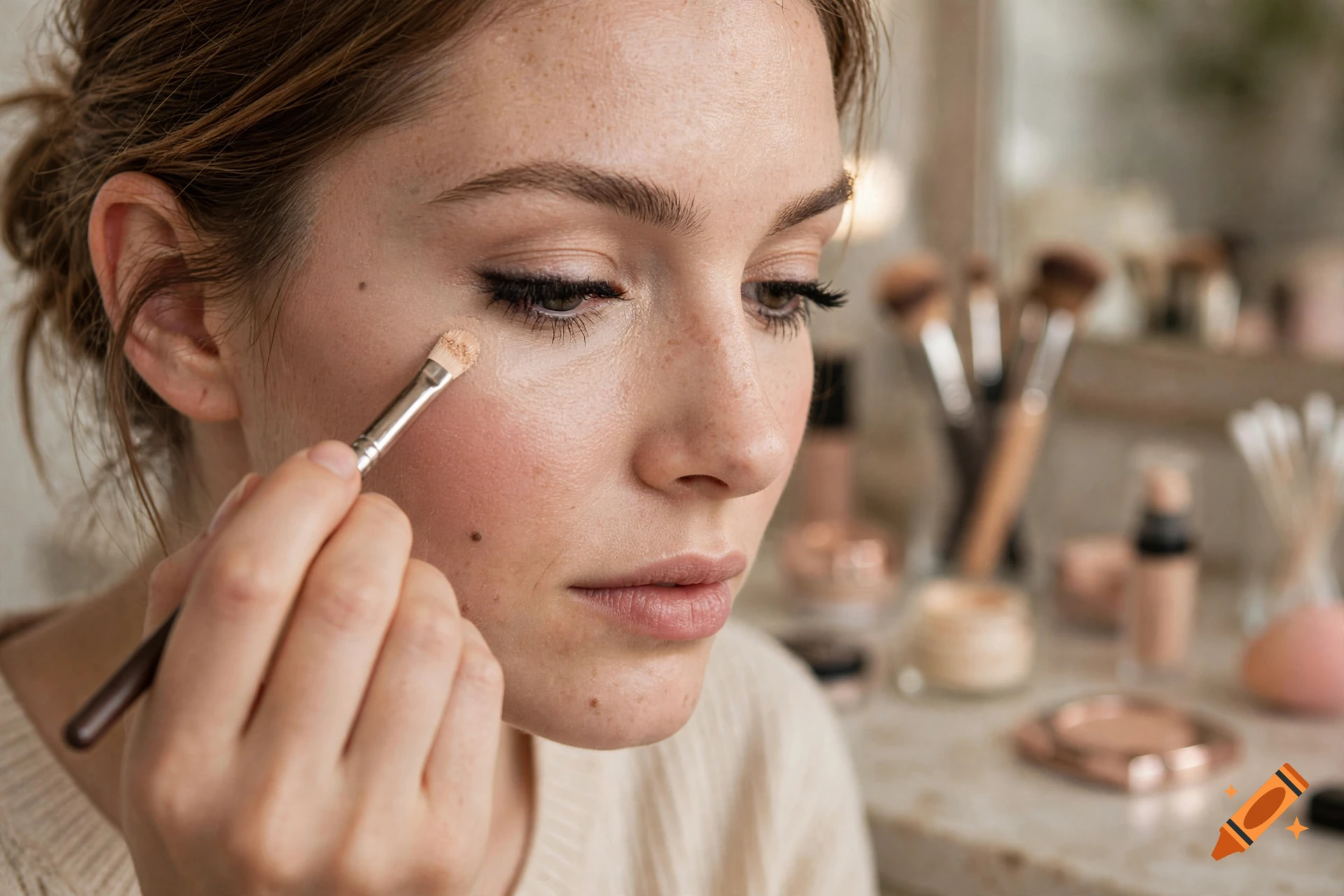 Close-up photorealistic image of a woman applying concealer under her eye with a brush, with makeup products in the background.