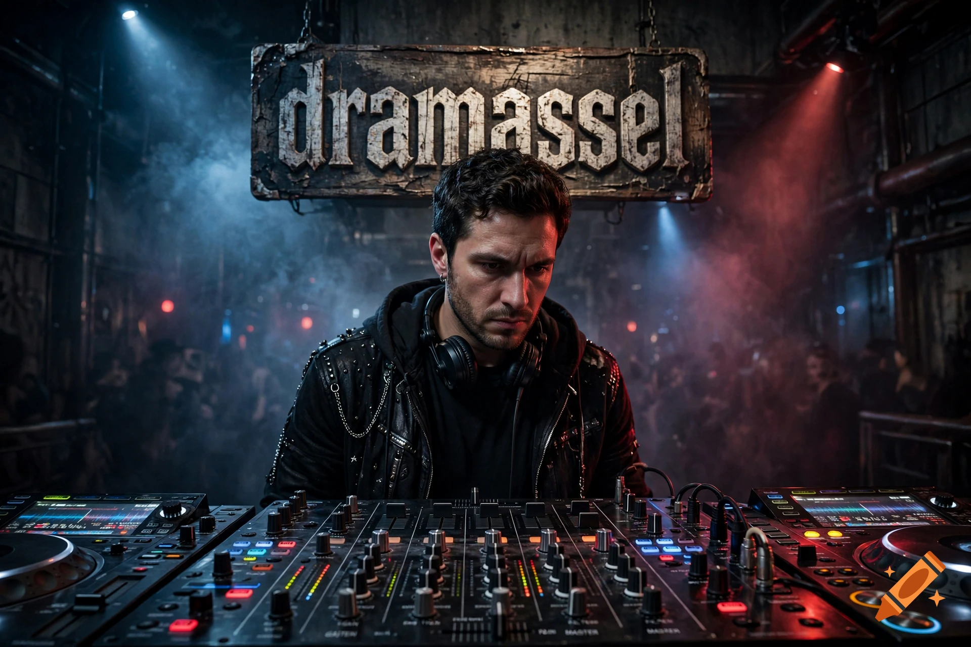 A male DJ in a leather jacket stands behind a mixing console in a dark, smoky club with a sign reading dramassel above him, photorealistic.