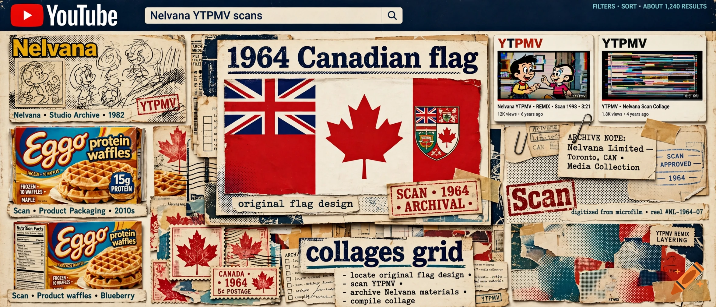 Collage of YouTube interface, 1964 Canadian flag design, Eggo protein waffle boxes, and historical archival notes.