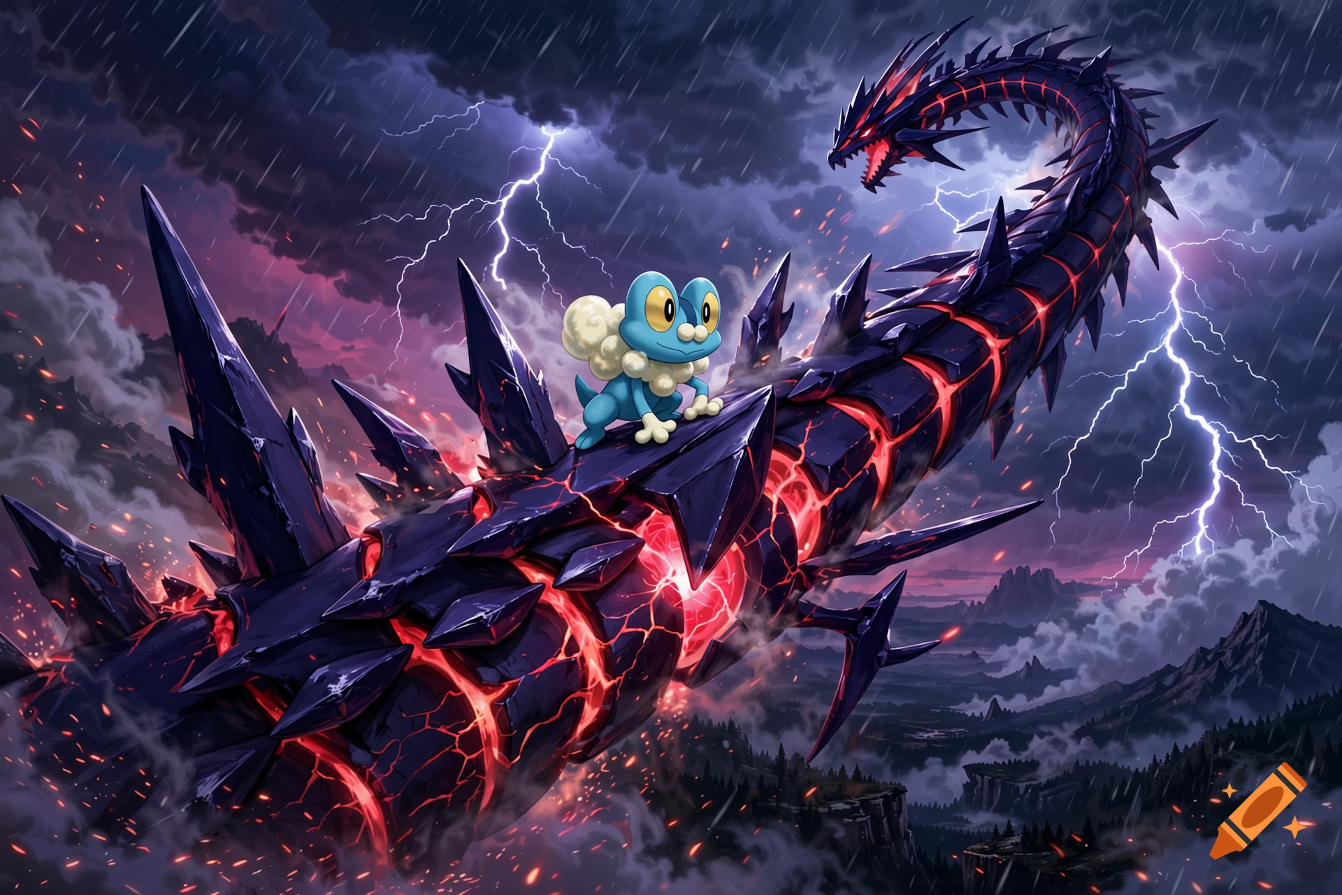 Froakie rides on the back of the dragon-like Pokémon Eternatus during a stormy night with lightning.
