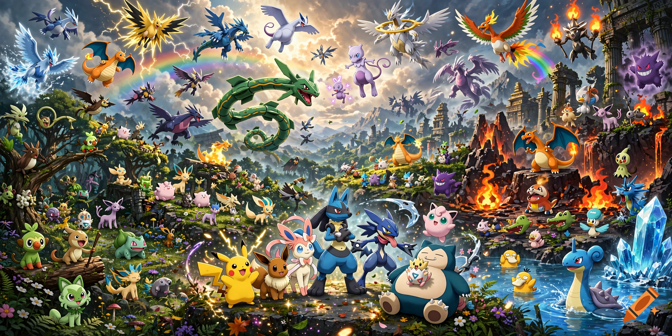 Detailed digital art featuring a vast landscape filled with numerous Pokémon characters under a cloudy sky with a rainbow.