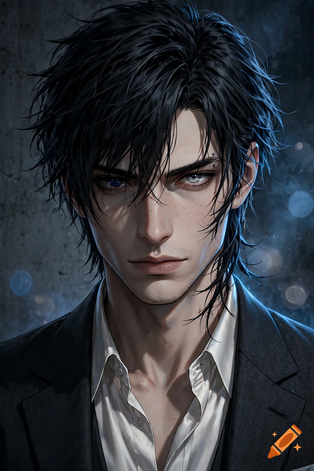 Digital anime style portrait of a handsome young man with dark tousled hair, heterochromia eyes, and a suit jacket, against a concrete background.