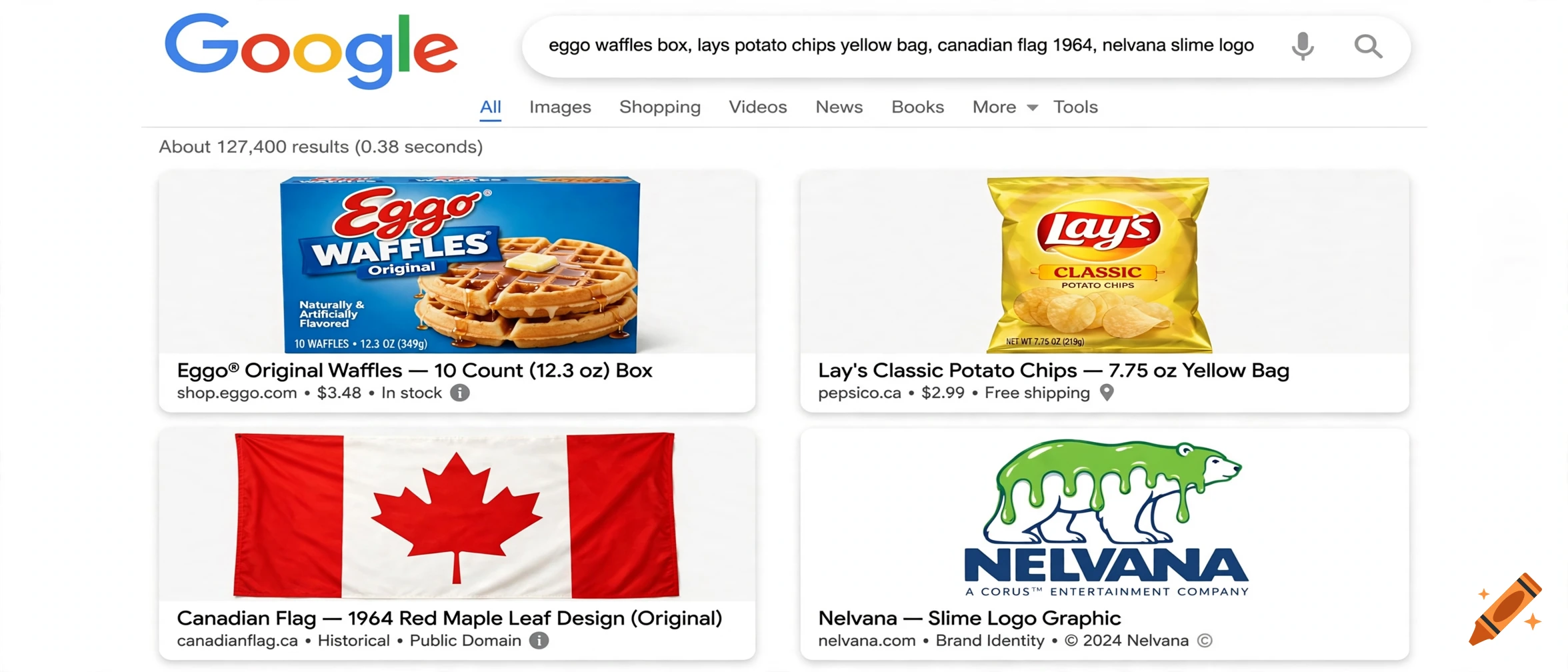 Google search interface displaying results for eggo waffles, lays chips, canadian flag, and nelvana slime logo.