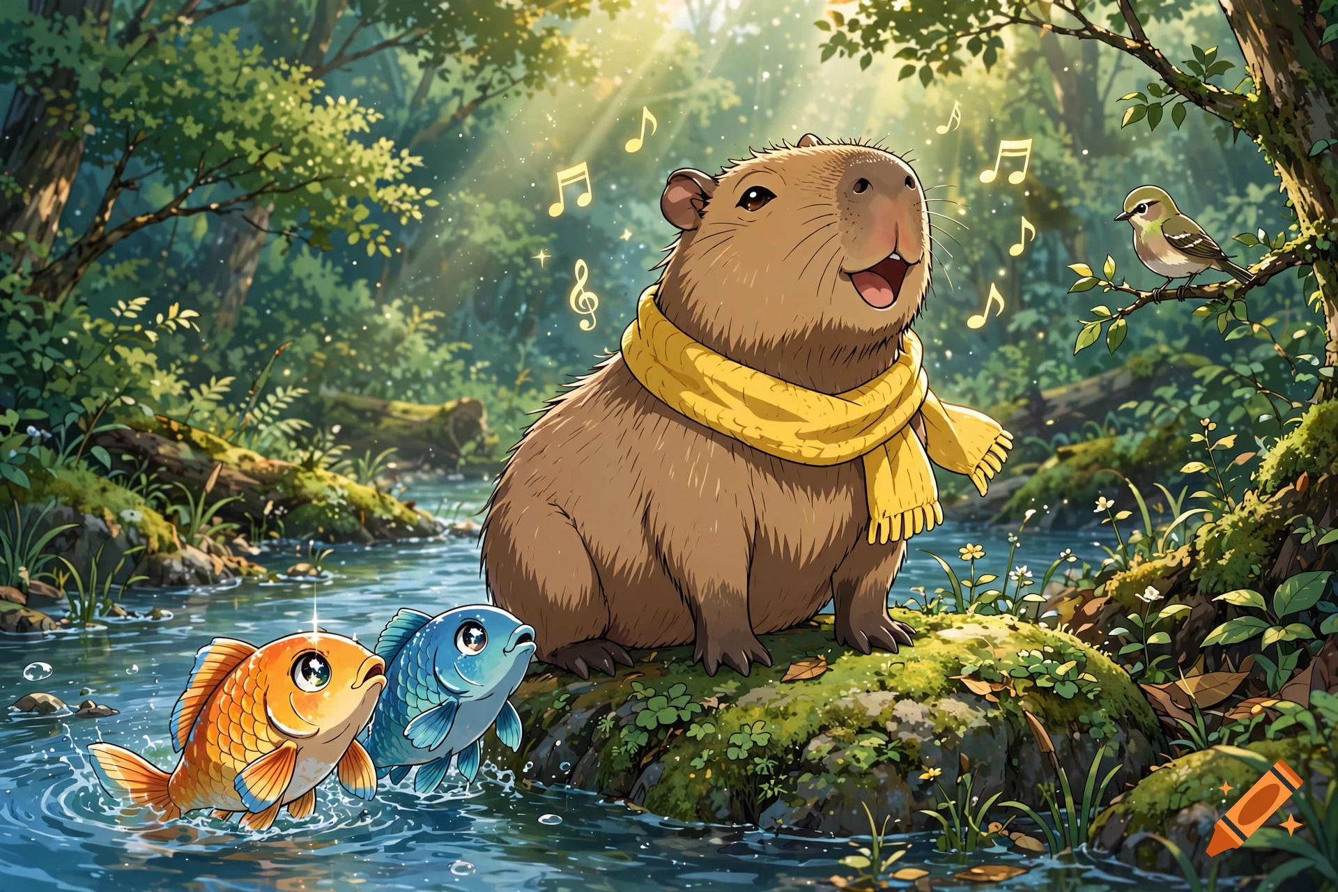 An illustrated capybara wearing a yellow scarf sings in a sunny forest near a stream, watched by two fish and a small bird.