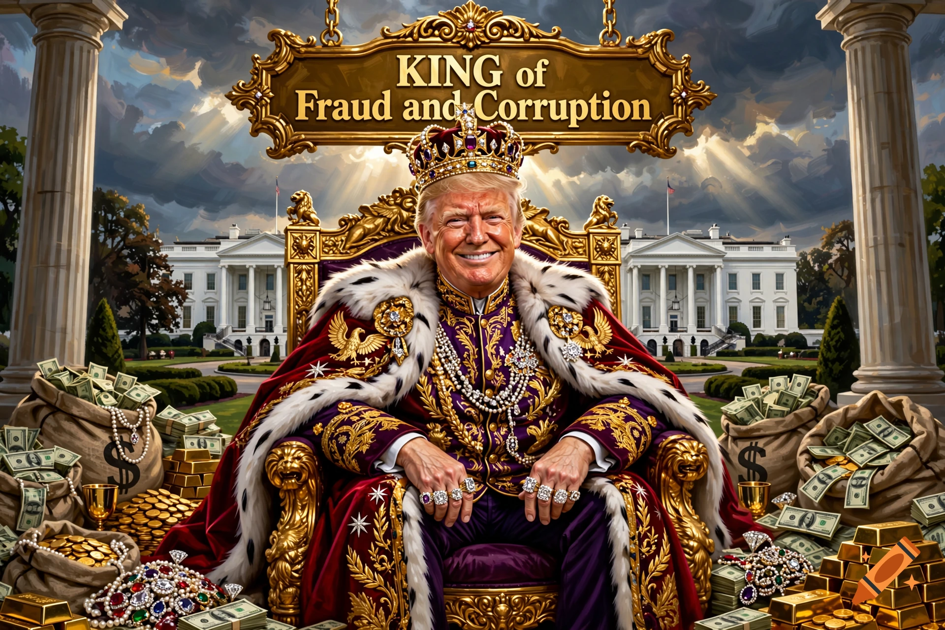 Digital painting of Donald Trump wearing a crown, fur-trimmed robe, and jewelry while sitting on a golden throne with bags of money, gold bars, and the White House in the background.
