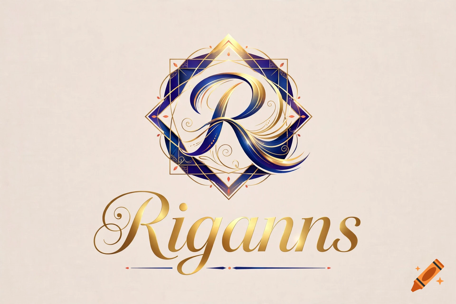 Elegant gold and blue luxury logo with the letter R and the brand name Riganns.