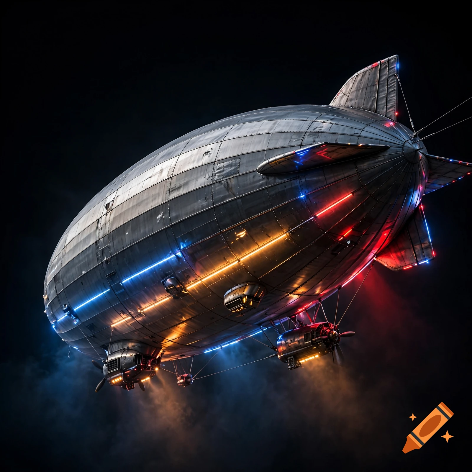 A photorealistic silver zeppelin with glowing blue and red lights flying through a dark, smoky sky.