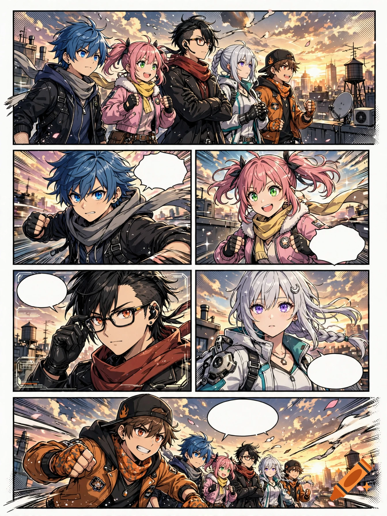 Manga comic page featuring a group of five anime-style characters in action poses with a city skyline at sunset in the background.