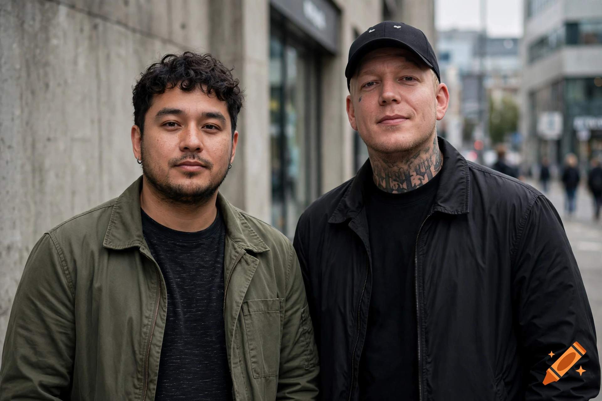 Photorealistic medium shot of two men standing on a city street, one with a green jacket and the other in black with a cap and neck tattoos.