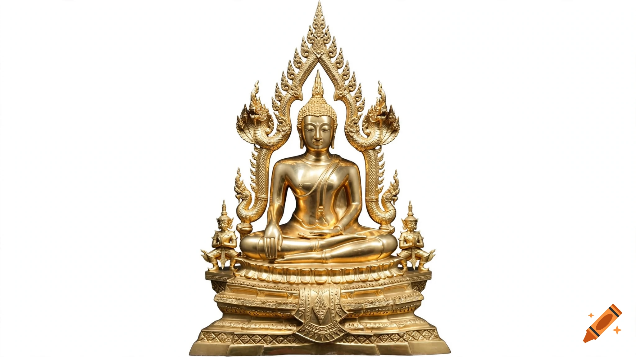 Photorealistic studio shot of a golden Phra Phuttha Chinnarat Buddha statue with traditional Thai arch on a pure white background.