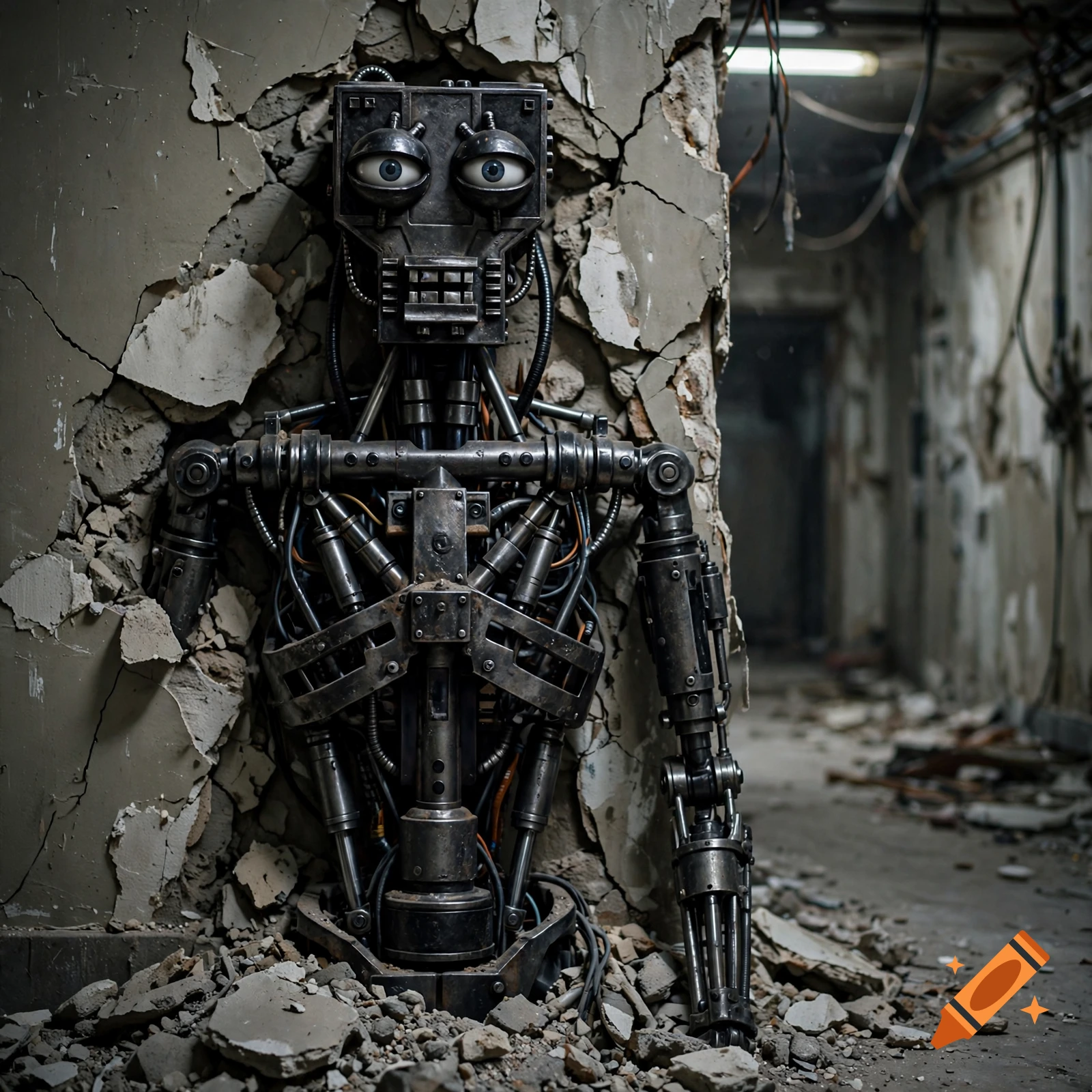 Photorealistic image of a metallic endoskeleton robot embedded in a crumbling concrete wall in a ruined hallway.