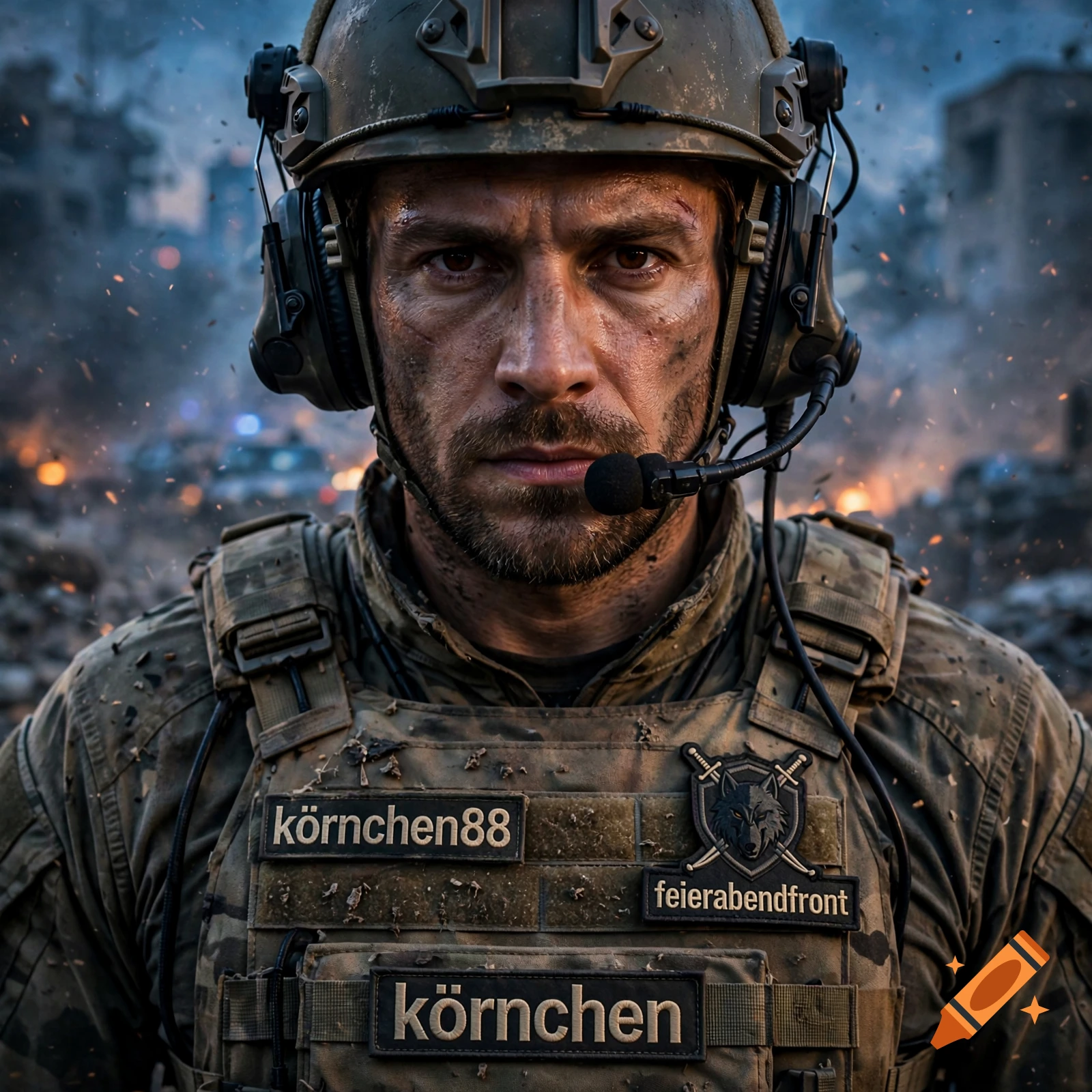 Photorealistic close-up portrait of a tactical soldier wearing a helmet and headset, with patches reading körnchen88 and feierabendfront.