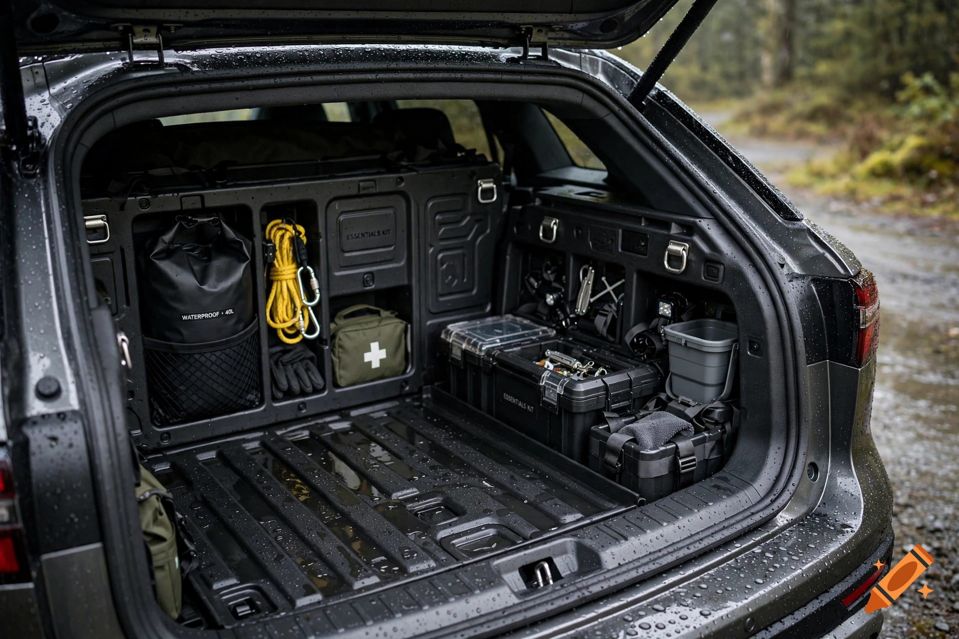 Photorealistic open trunk of a gray SUV, outfitted with organized storage compartments, waterproof bags, and gear.