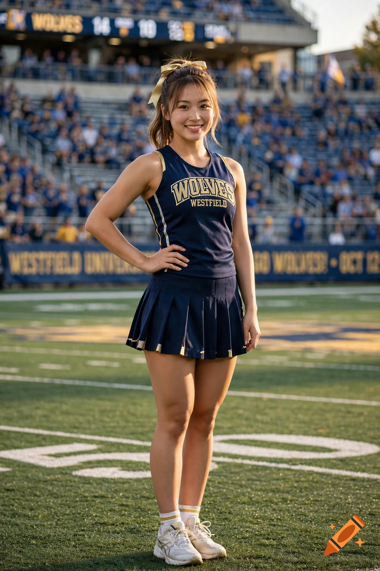 Photorealistic image of a young cheerleader standing on a football field in front of stadium seating.