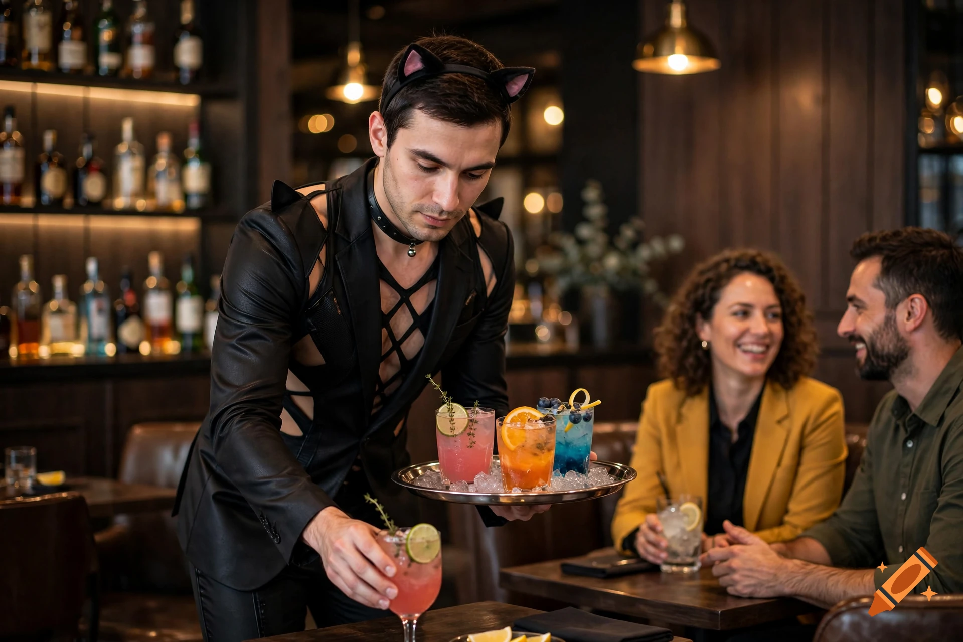A man wearing cat ears and a harness serves cocktails to a couple in a dimly lit bar, photorealistic.