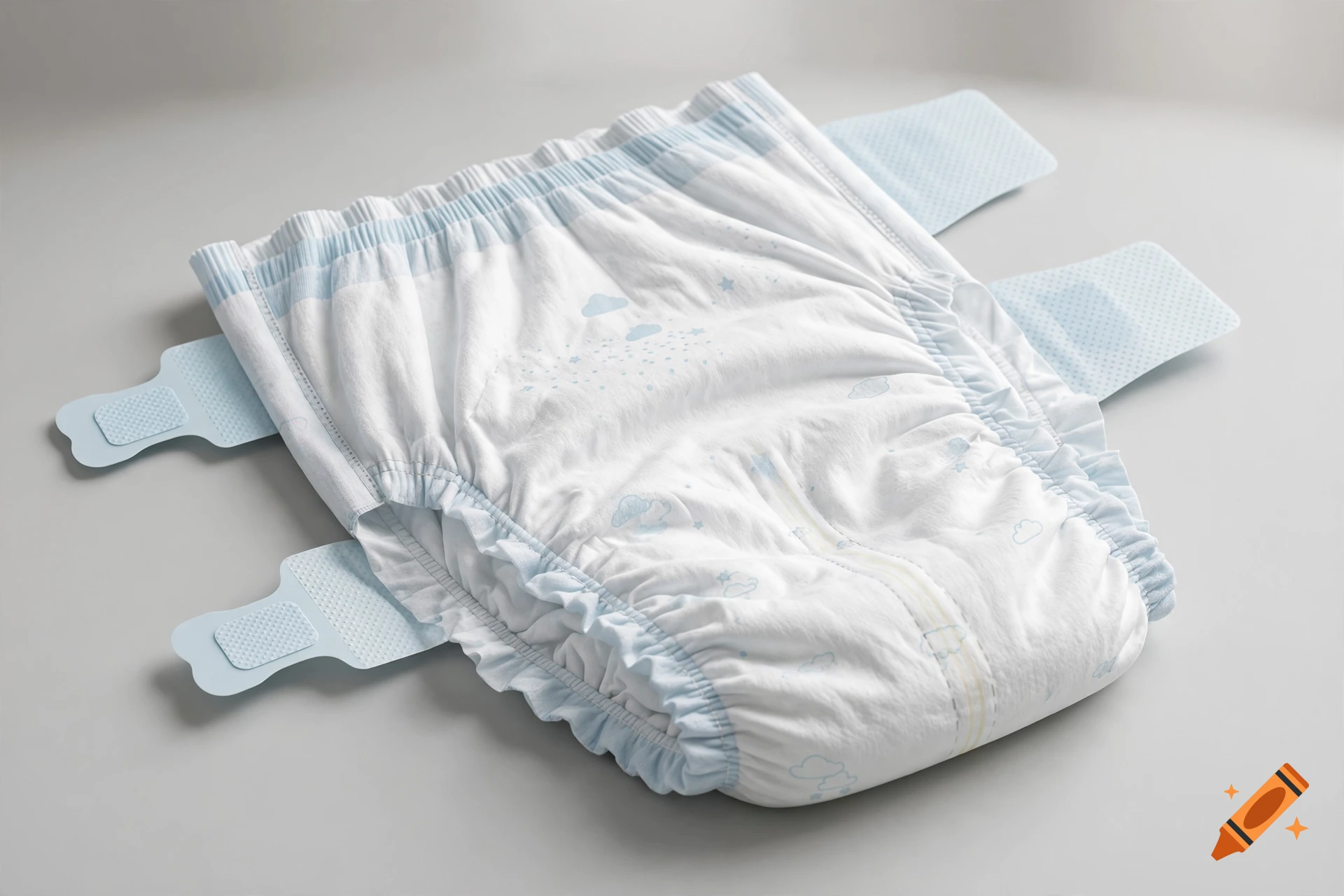A photorealistic image of a folded baby diaper with blue cloud patterns and side tabs on a gray surface.