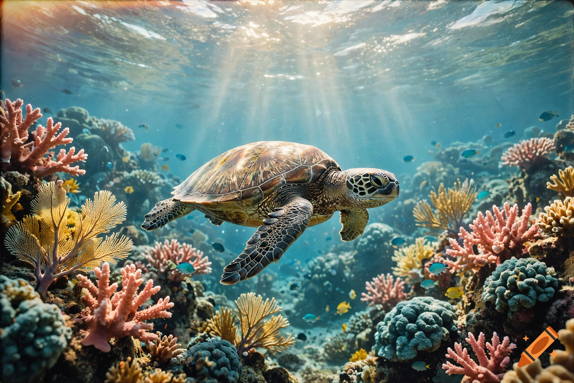 A sea turtle swimming through a vibrant coral reef with sunlight filtering through the water above in an old film style.