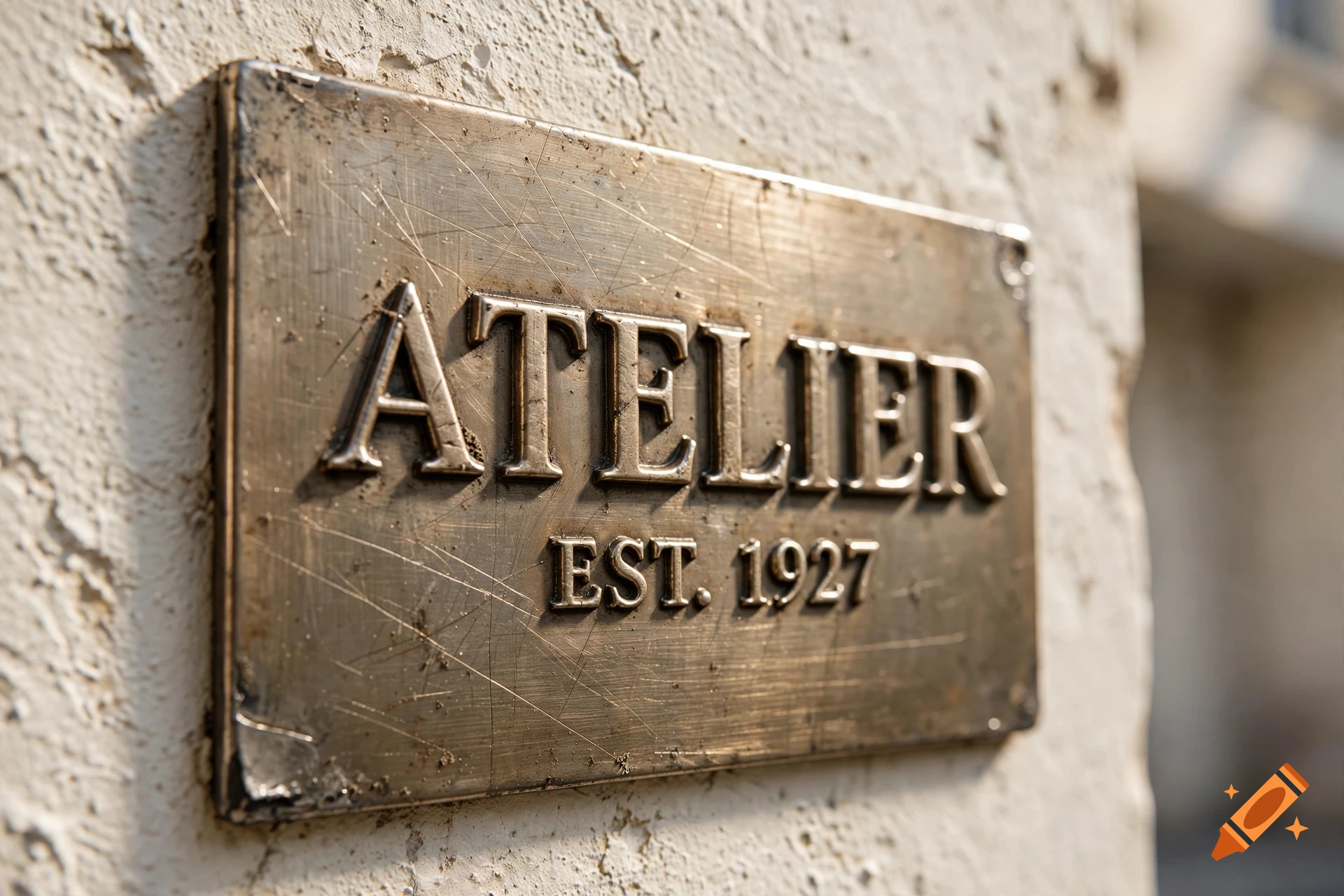 Close-up of an embossed metal sign reading 'ATELIER EST. 1927' mounted on a textured white wall, photorealistic.