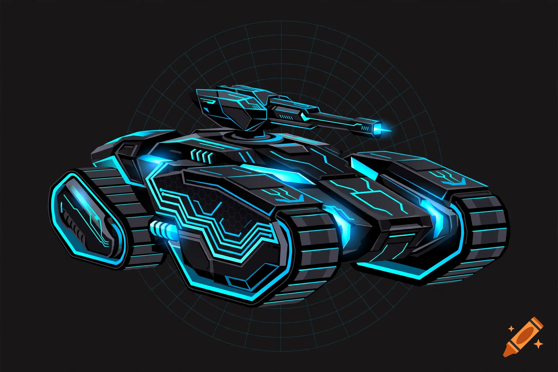 3D vector illustration of a futuristic black tank with glowing blue neon accents on tracks and chassis, set against a dark grid background.