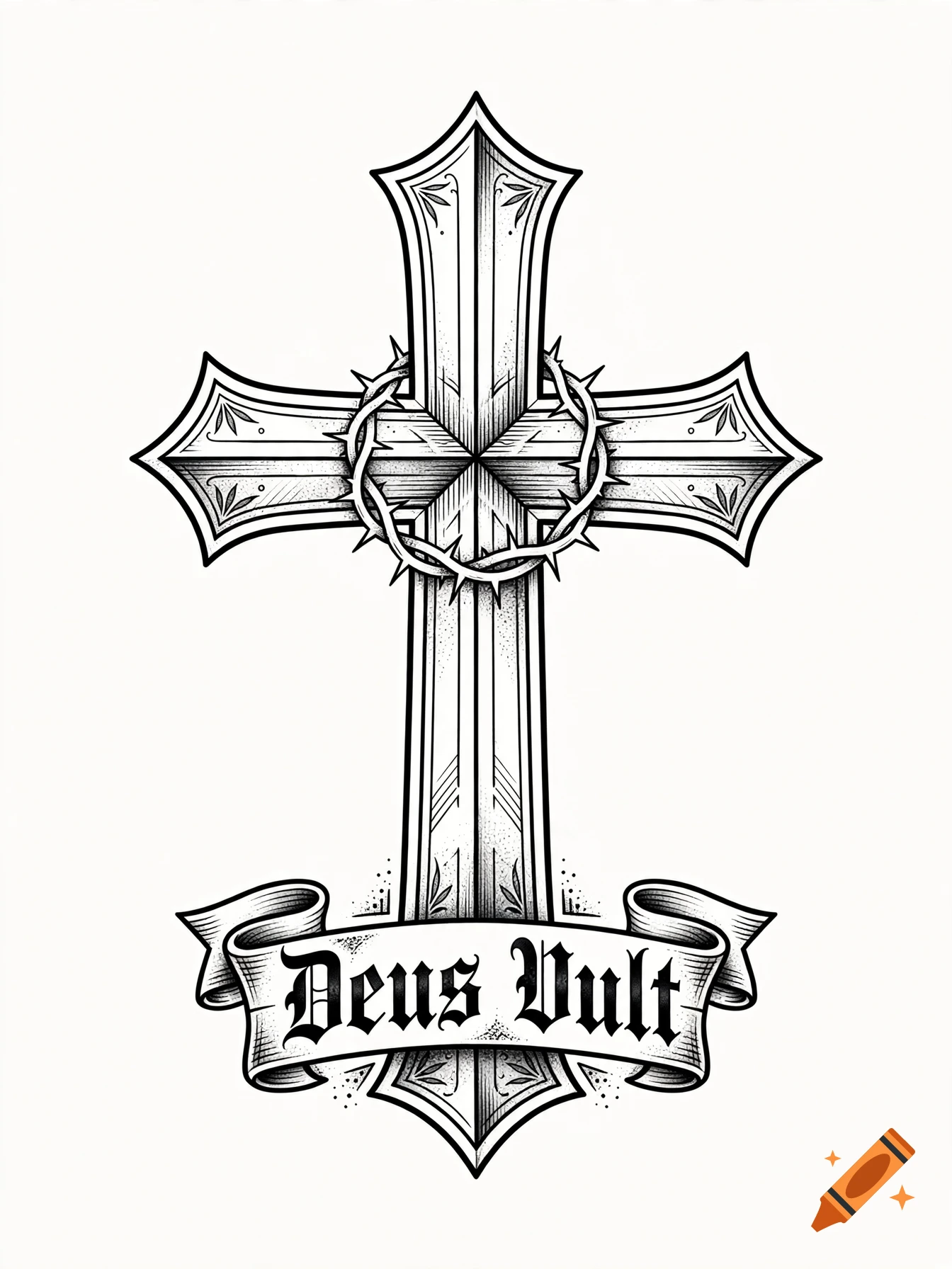 Black and white tattoo illustration of a Christian cross wrapped in a crown of thorns with a banner reading Deus Vult.