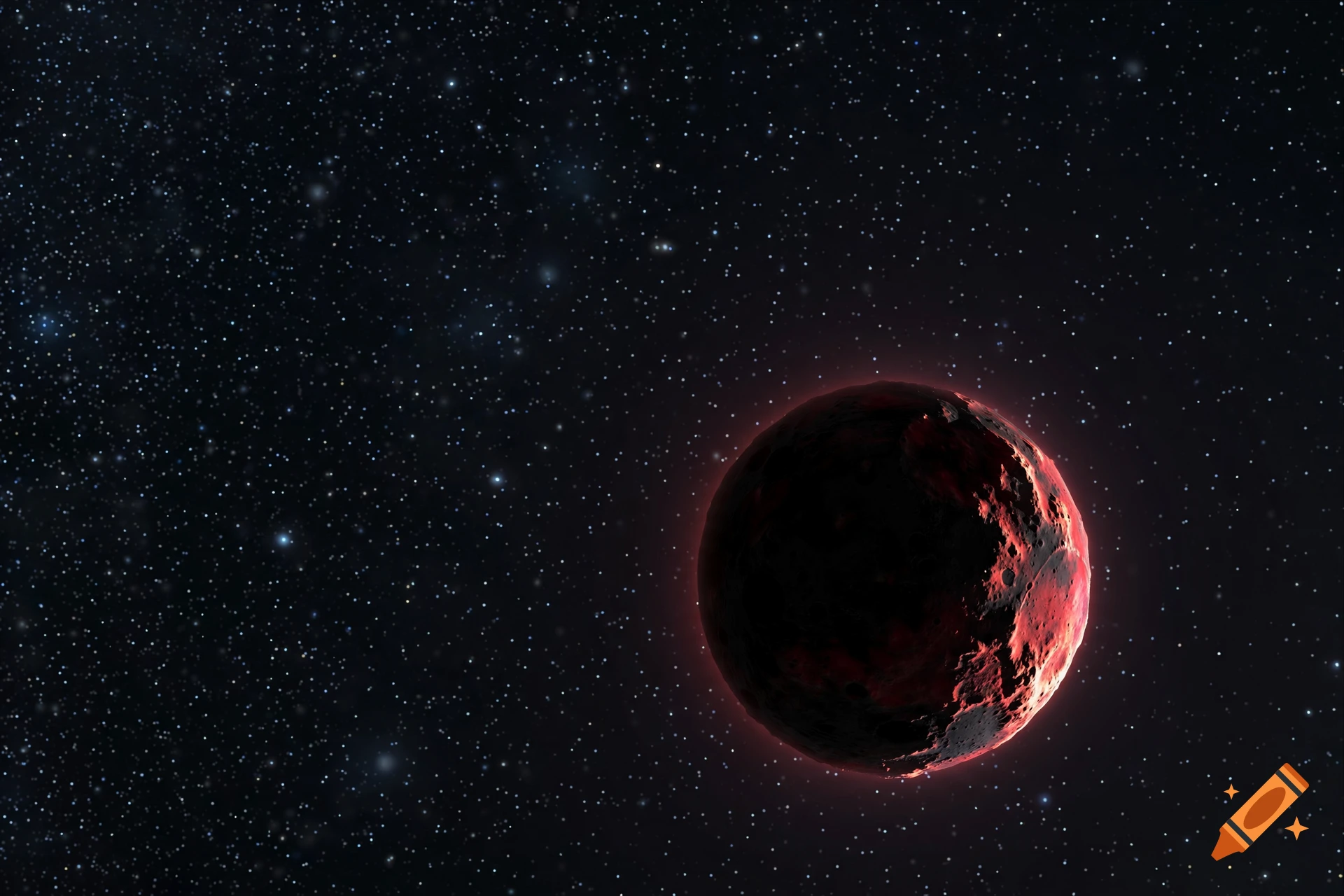 A glowing red and black planet set against a vast field of distant stars in space.